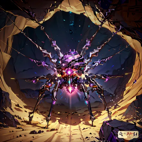 There is a spider that is standing in a cave, purple glowing core in armor, space insect android, arte conceitual raytrace, arte...
