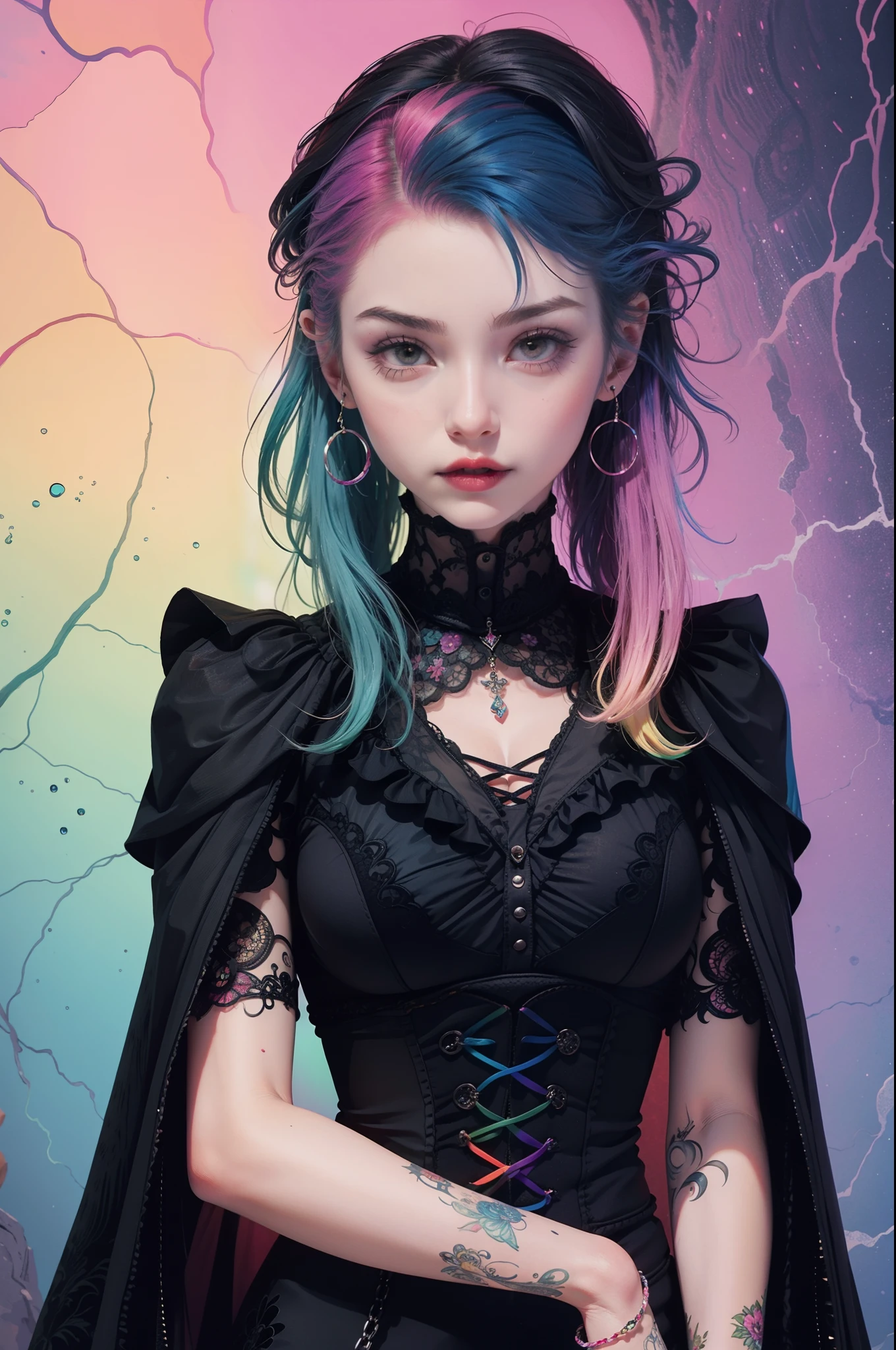 En un hermoso parque una mujer de aspecto moderno. It has a very colorful and striking kawaii gothic style.., con un maquillaje elegante y una peluca colorida. ((Rainbow hair))