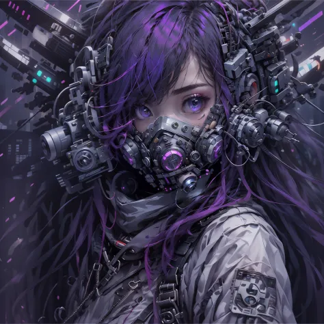 1girl, wear a cyberpunk mask, purple mask, Detail mask, retrato do rosto, tiro de close up | | |, de sala de guerra, estrutura m...