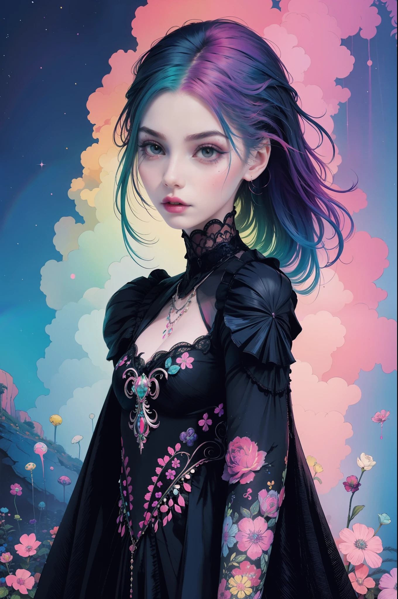 En un hermoso parque una mujer de aspecto moderno. It has a very colorful and striking kawaii gothic style.., con un maquillaje elegante y una peluca colorida. ((Rainbow hair))