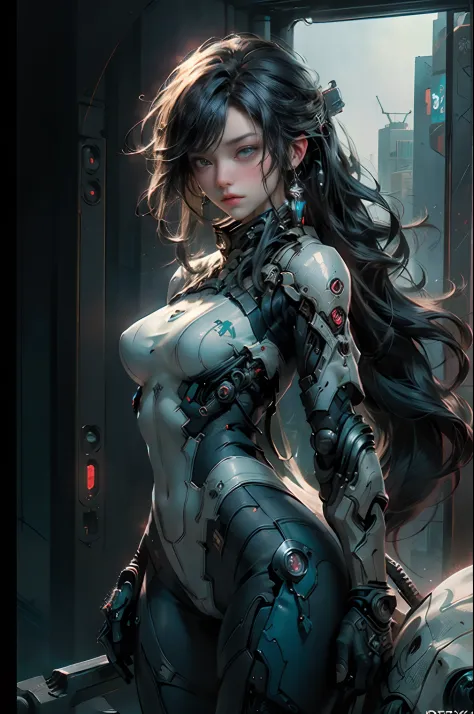 ((Best quality)), ((masterpiece)), (detailed:1.4), photograph of a beautiful cyberpunk female, (wearing smooth organic tech armor), (long shapeless hair), big breasts, (cowboy shot), (Depth-of-field), Maximum clarity and sharpness, Octane Render, (Cinemati...