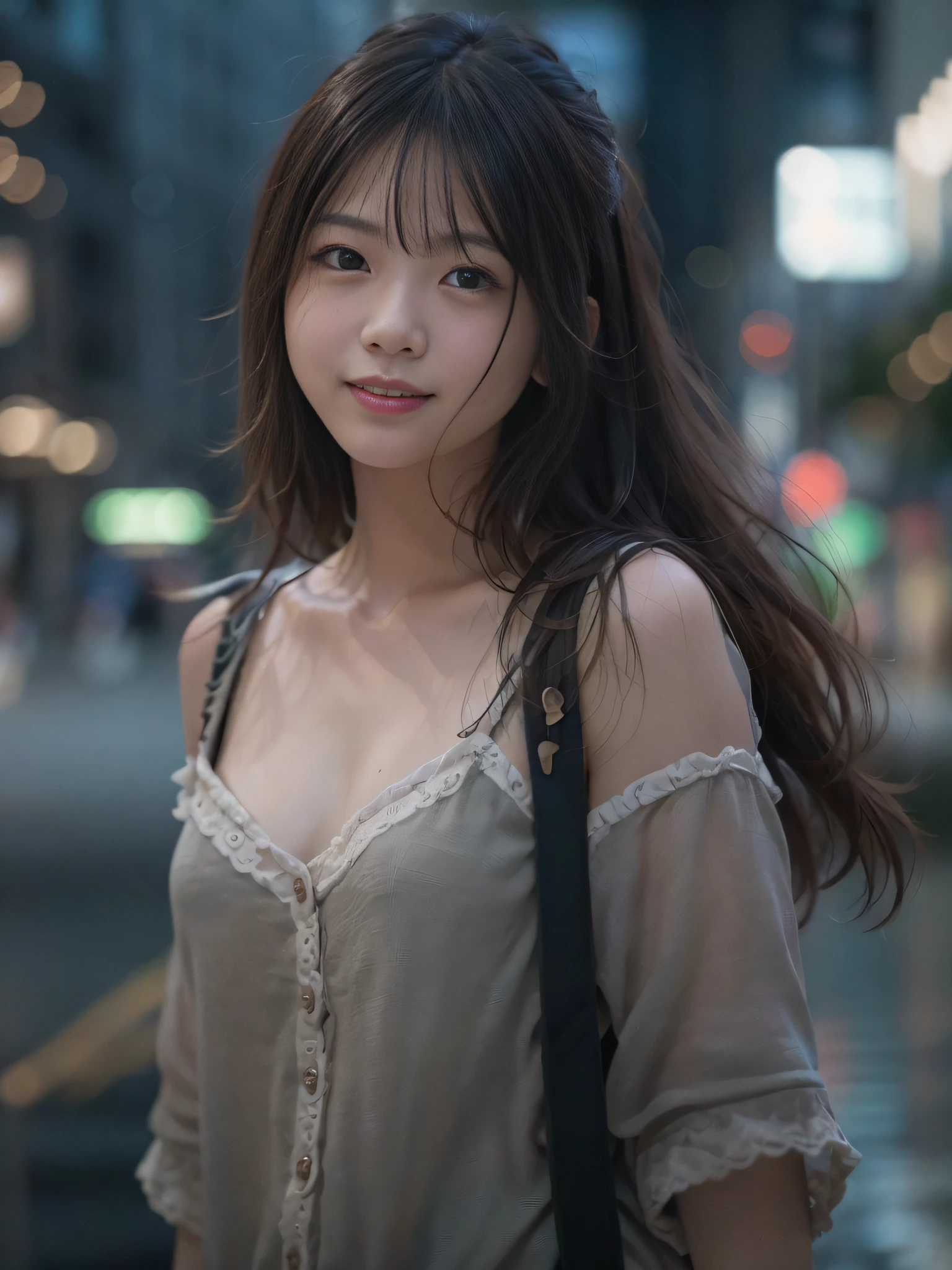 randome pose, mix4, (8K, Raw photo, Best Quality, masutepiece: 1.4), (Realistic, Photorealistic: 1.1), One girl, (greasy face), ((Smile)), Cute, Cityscape, Professional Lighting, photon maping, Physically Based Rendering, pale skin, top quality photo, hight resolution, 1080p, (Clear face), (Detailed face description), (Detailed hand description), (masutepiece), (Exquisite CG), extreme light and shadows, master work, Rich details, (Fine facial features), (top quality photo), (masutepiece), (Detailed eyes), look in front of you eyes, Fine clavicle,