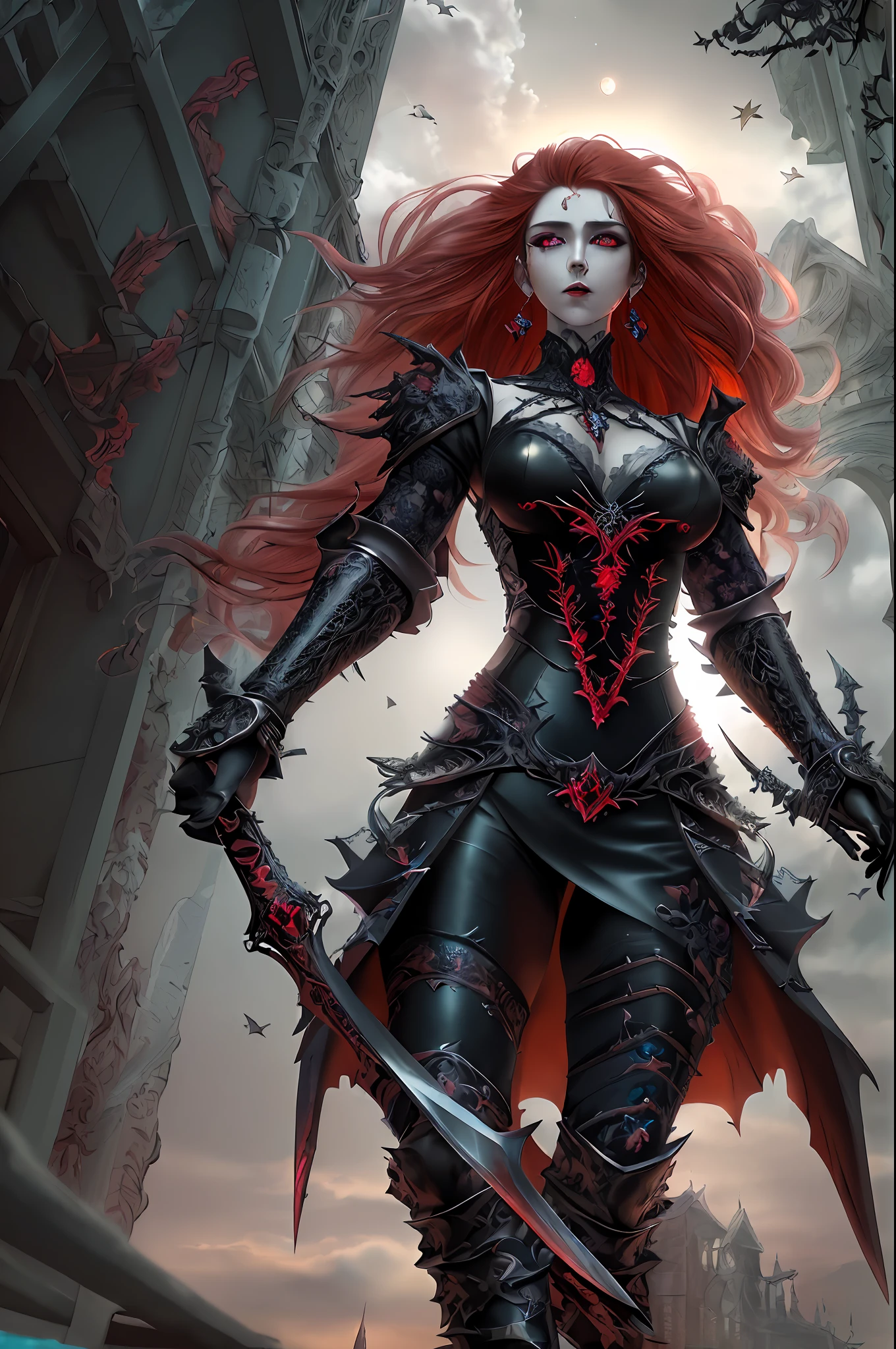 Arafed, dark fantasy art, gothic art, a picture of a vampire ready for battle, female vampire, armed with a sword, wearing heavy armor LnF, armed with a sword, shining sword, steel shines, full body, ultra detailed face (intricate detailed, Masterpiece, best quality: 1.4), pale skin, gloeing eyes, red eyes, ultra feminine, pale skin, dynamic hair, dark fantasy urban street (intricate detailed, Masterpiece, best quality: 1.4), moon light, star light, clouds, Wide-Angle, Ultra-Wide Angle, high details, best quality, highres, 1080P, 8k, anatomically correct