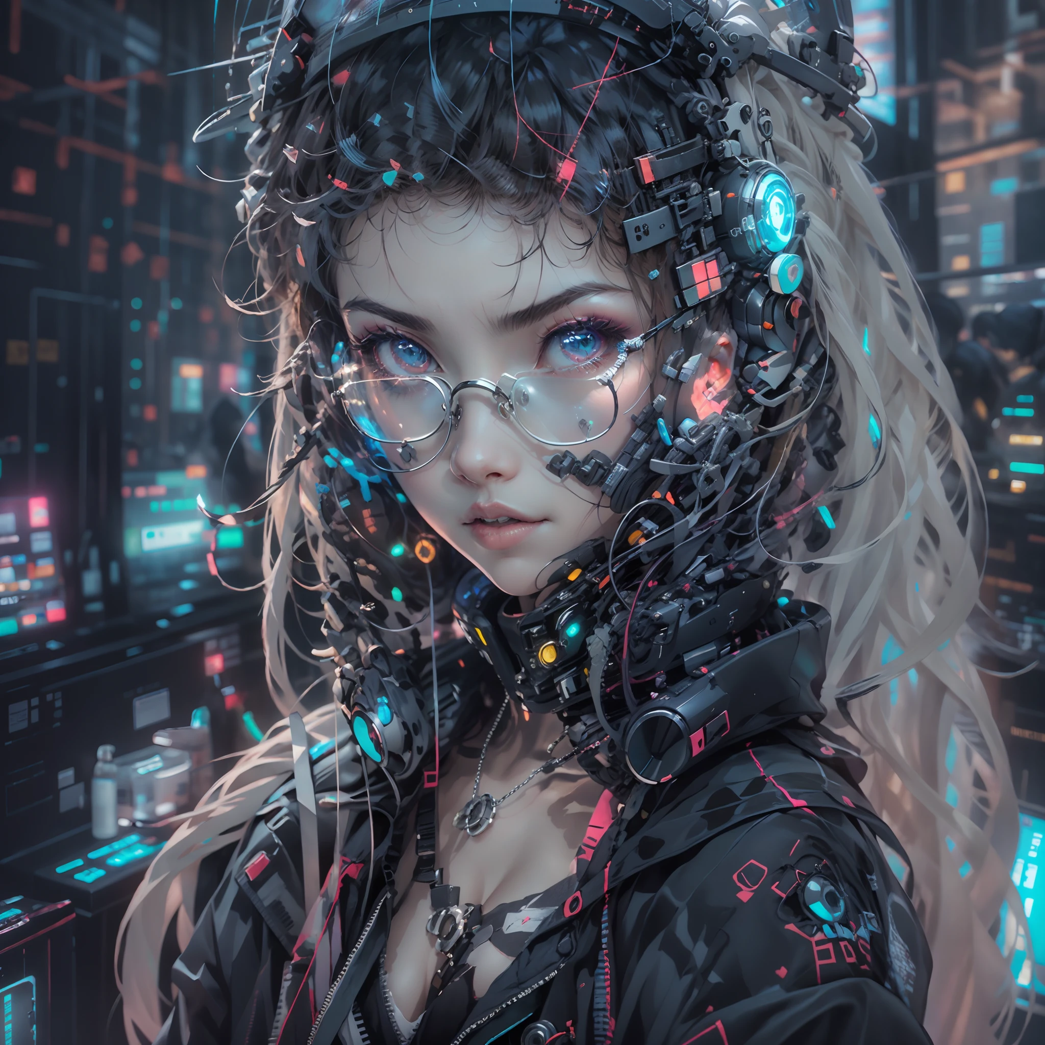 1girl, usar uma oculos cyberpunk, fluorecente, oculos de detalhe, retrato do rosto, tiro de close up | | | |, de cima, coderoom computers cyberpunk