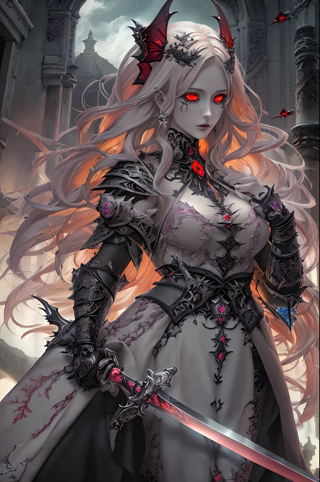 Arafed, dark fantasy art, gothic art, a picture of a vampire ready for battle, female vampire, armed with a sword, wearing heavy armor LnF, armed with a sword, shining sword, steel shines, full body, ultra detailed face (intricate detailed, Masterpiece, best quality: 1.4), pale skin, gloeing eyes, red eyes, ultra feminine, pale skin, dynamic hair, dark fantasy urban street (intricate detailed, Masterpiece, best quality: 1.4), moon light, star light, clouds, Wide-Angle, Ultra-Wide Angle, high details, best quality, highres, 1080P, 8k, anatomically correct