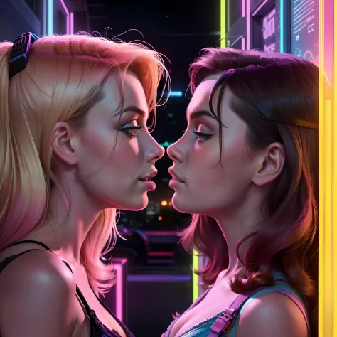 Neon, 8K, portrait, highly-detailed, taken from side view, two girls standing face to face, full body view, kissing, eyes closed...