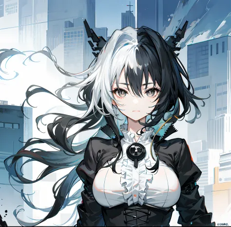 extremely cute anime girl with long black and white hair and black eyes，she has bangs，anime style shadows，cute and natural anime...