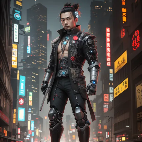 a full body up of a male cybernetic samurai, image size 1:1, cyberpunk samurai, cyberpunk angry looking cybernetic samurai, cybe...