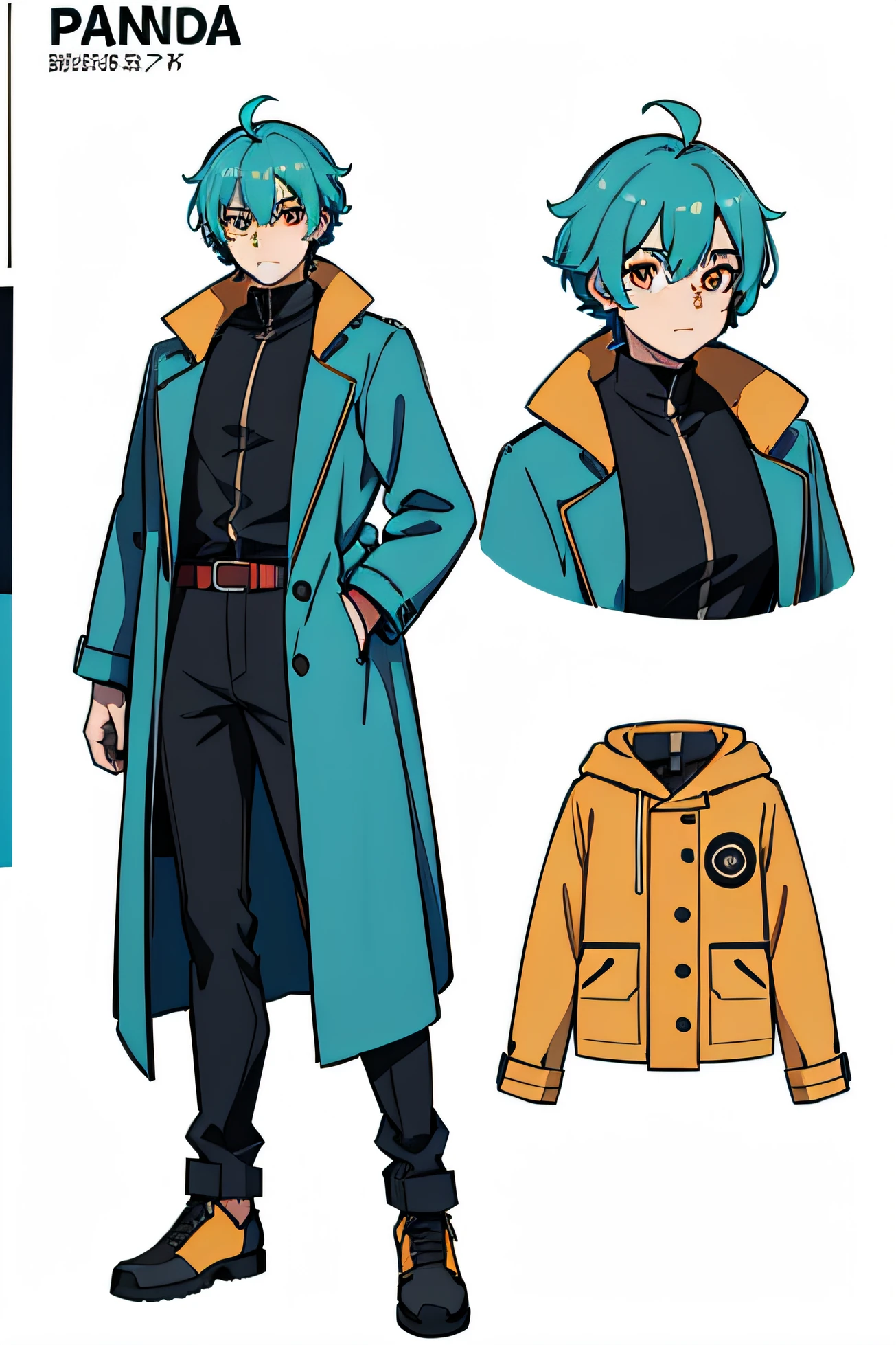 a yound adult man with turquoise hair, short fluffy hair, orange eyes, friendly face, clear face, happy face expression, playful pose, elegant and comfortable clothes, open long green coat with suit blouse underneath, streetwear clothes, ananas earring, many different panda sticker on coat, full-body!!, anime-fullbody!!, blank background, white background, character sheet, 25 years old, vtuber look, one character, broad shoulders, high res, ultrasharp, 8K, masterpiece, looking at viewer, simple shading, anime cel-shading, anime, HDR, highly detailed, professional, full body cgsociety, concept artstyle, 2 d cg, concept art