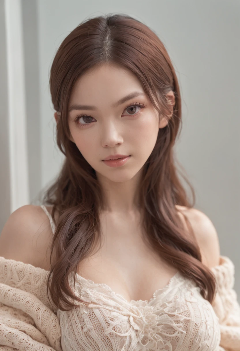 best quality ,masterpiece,ultra high res,(photo realistic:1.4), 1 girl, looking at viewer, Wearing oversized off-shoulder knit over lingerie, jananese famous actress, very beautiful,kawaii, Cinematic, 35mm lens, f/ 1. 8, accent lighting, 8k, at noon,street of