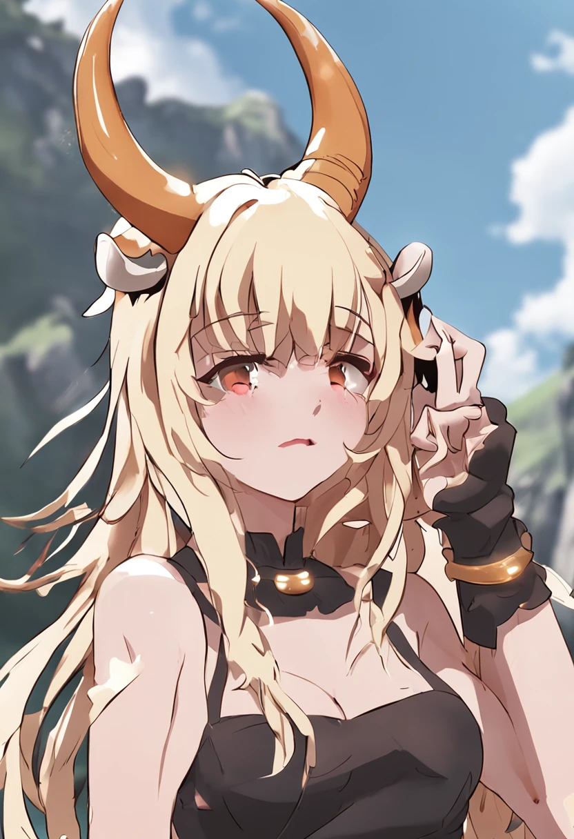 Anime girl with horns and a black dress holding a cell phone - SeaArt AI