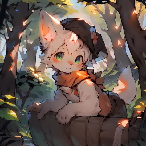 A curious male fox cub peeking his head out of a cozy fox den in the forest. He has orange fur, a bushy tail, and perked up fluffy big ears. He wears a green adventurer's cap and scarf. His eyes are bright with wonder as he surveys the lush woods outside t...