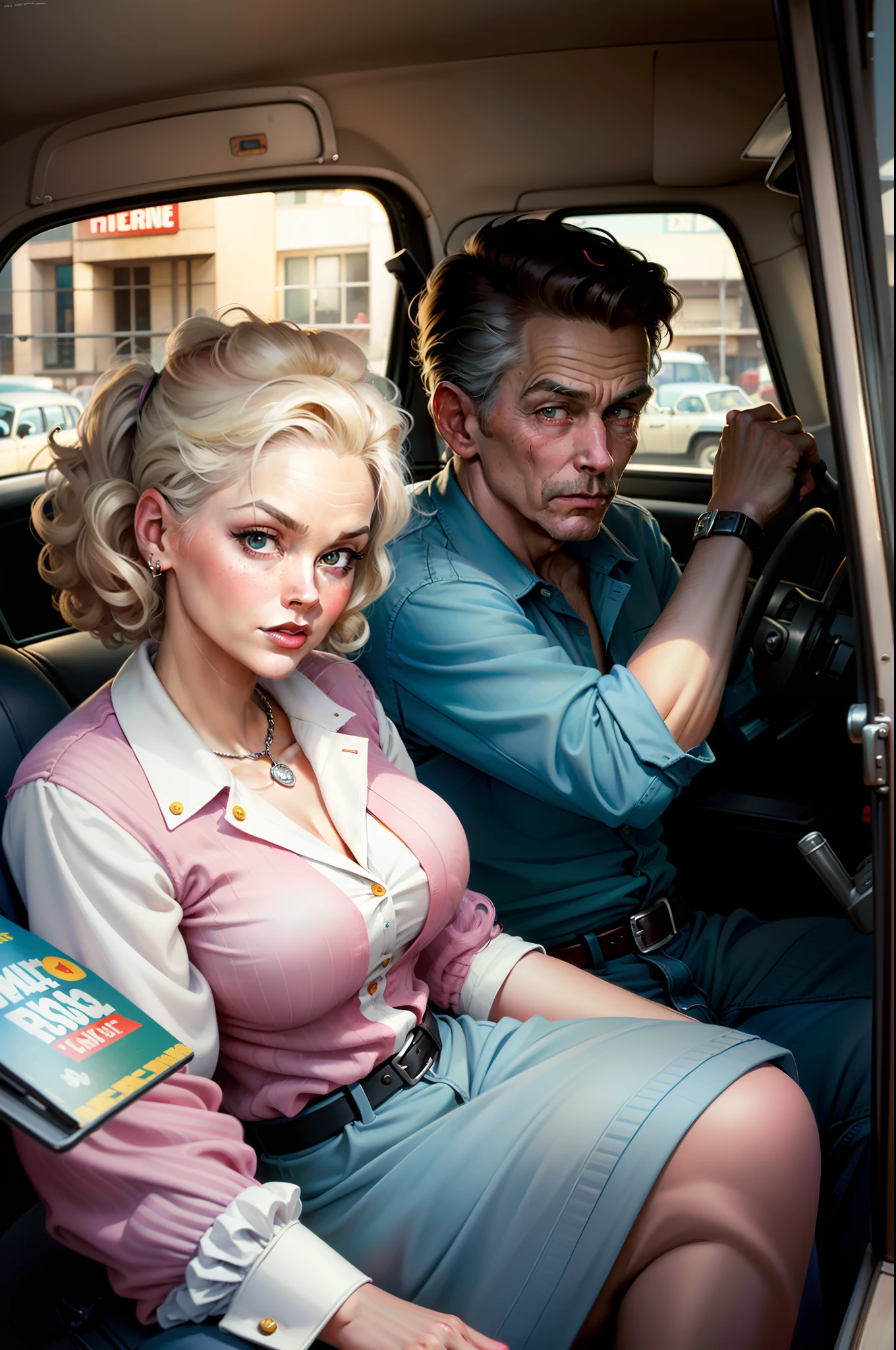 there is a man and woman sitting in a car with a dog, colorized background, colourized, colorized photo, by Art Fitzpatrick, colorized, inspired by Austin Briggs, ( art fitzpatrick ), digitally colored, norman rockwell style, inspired by Henry Justice Ford, in style of norman rockwell, inspired by John French Sloan, full color illustration, a colorized photo