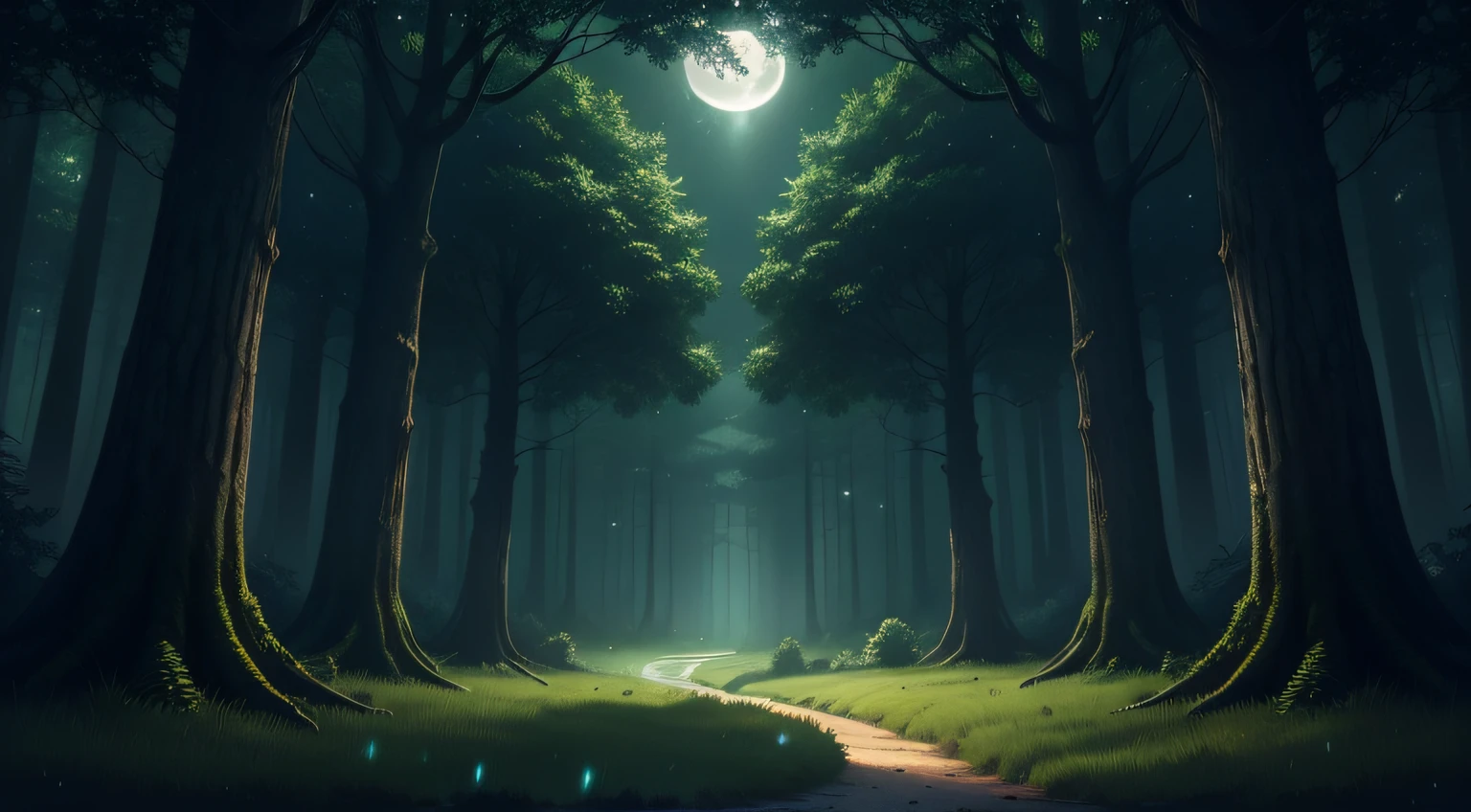 "(Best quality) (Extra High Definition) Illustration of a dark fantasy forest with green lighting under the night moon, depicting the enchanting nature in a lush green forest, illuminated by soft lighting, capturing the essence of the forest soul in mesmerizing digital art."