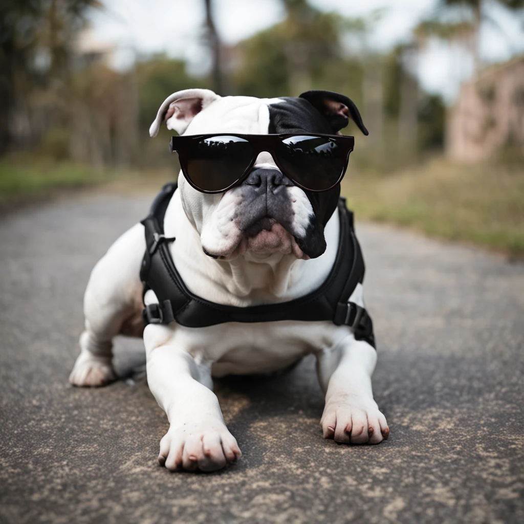 Il y a un chien qui porte des lunettes de soleil en laisse dans la rue -  SeaArt AI