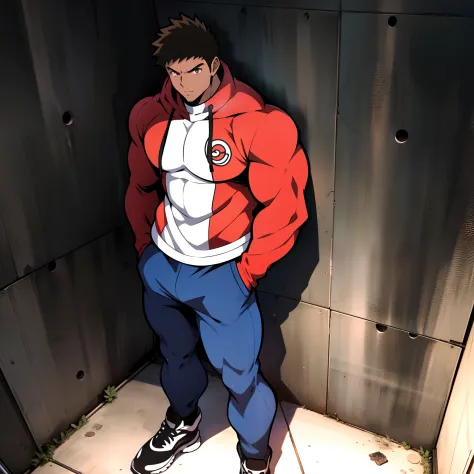 ((arte estilo anime)), imagem superior, angulo de cima para baixo, personagem masculino extremamente musculoso, corpo de bodybui...
