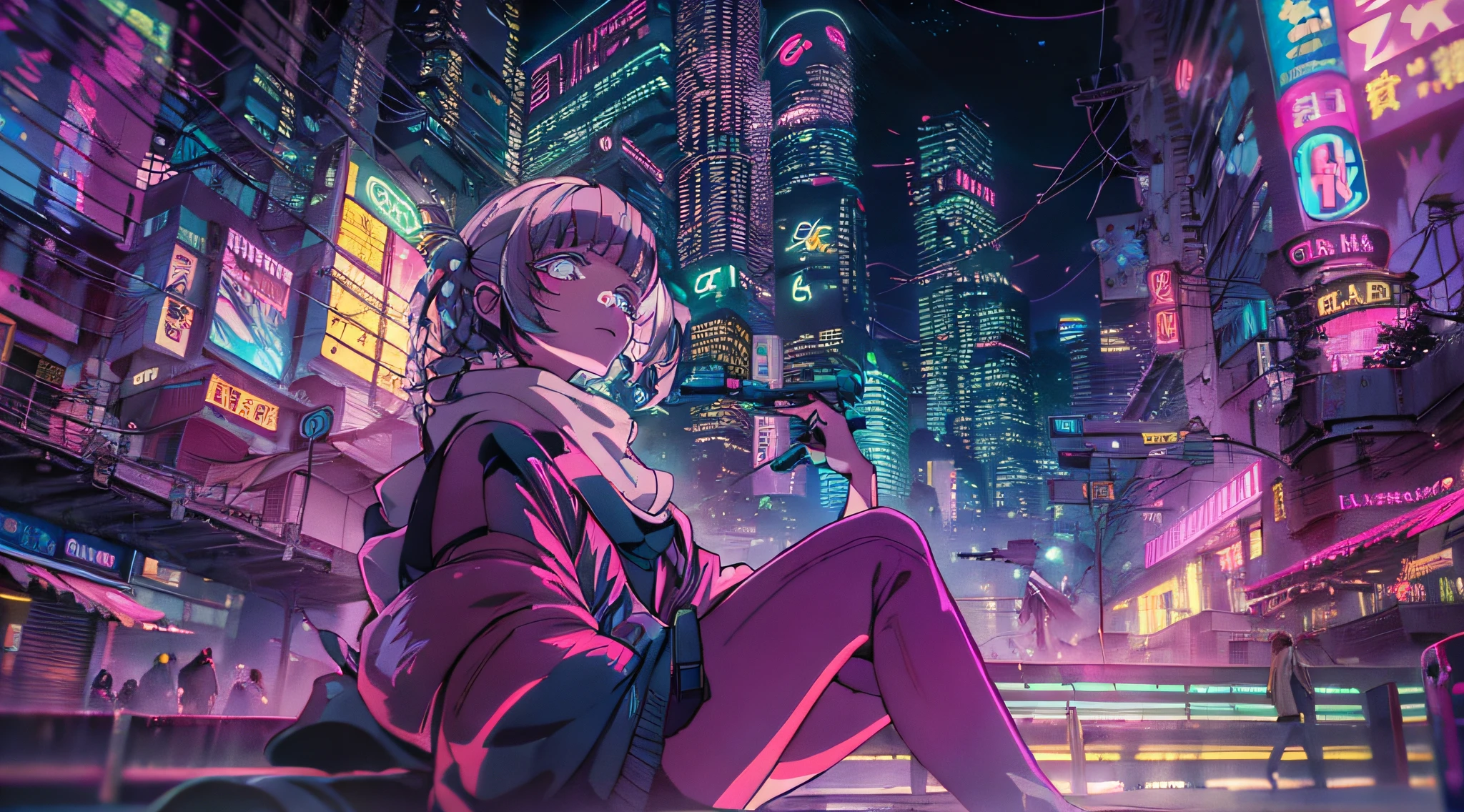 Nacht, Bunter Cyberpunk-Stadthintergrund,  der Straße,Nazuna Nanakusa, Yofukashi no uta, blaue Augen, strahlende Augen, Schwarze Strümpfe, hinterleuchtet, scheinen, Befragung des Publikums, Niedrigwinkelobjektiv, Nachschlagen der Linse, perfekte Komposition, perfekte Zartheit von Licht und Schatten, 8k