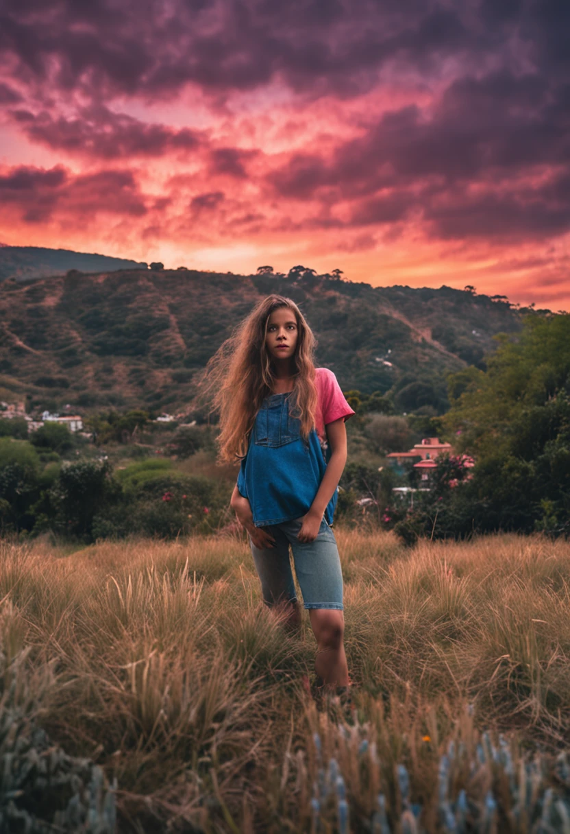 A woman standing in a field with a sunset in the background - SeaArt AI