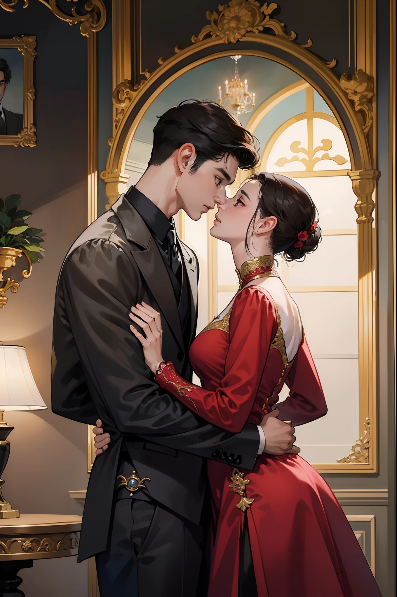 ((obras maestras)), mejor calidad, outstanding illustration, a couple kissing, enfoque suave, 1 chico de cabello negro corto, 1 chica de pelo rojo largo rizado, Ropa victoriana, romanticismo victoriano, ambiente opulento y exquisito, Soft light and warm lighting.