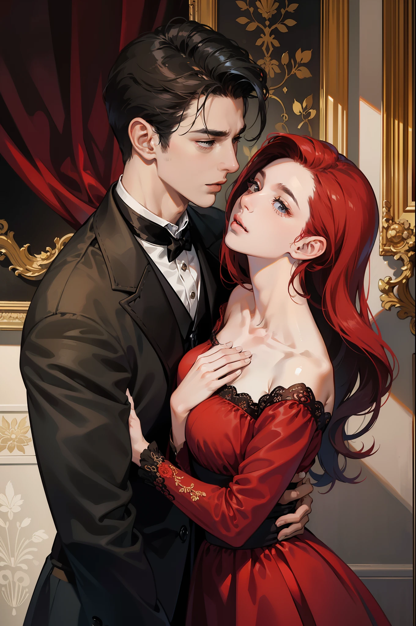 ((Masterpieces)), Best Quality, outstanding illustration, a couple kissing, soft focus, 1 boy with short black hair, 1 girl from (((Red hair))) long curly, victorian clothing, victorian romanticism, opulent and exquisite atmosphere, Soft light and warm lighting.
