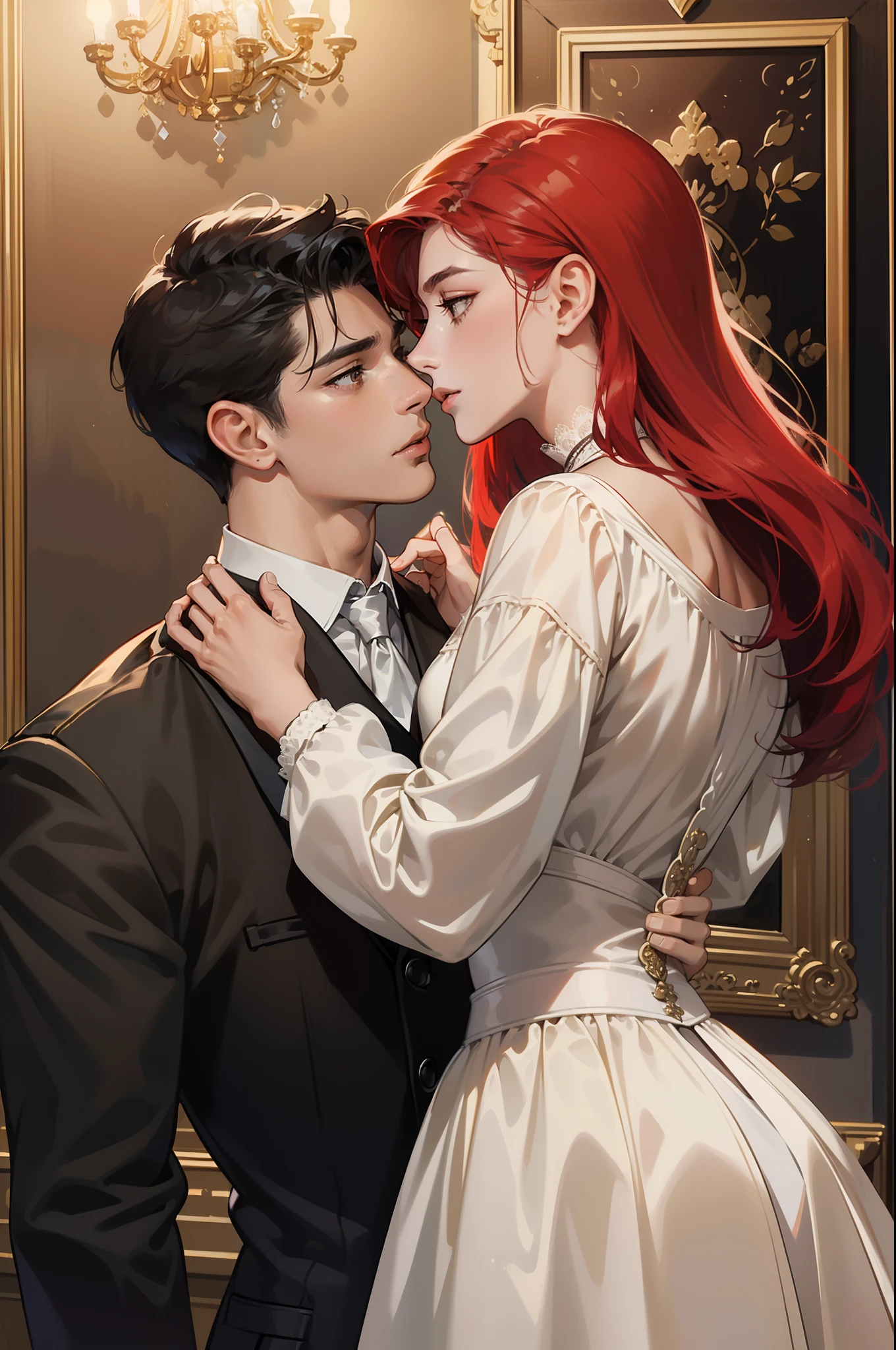 ((Masterpieces)), Best Quality, outstanding illustration, a couple kissing, soft focus, 1 boy with short black hair, 1 girl from (((Red hair))) long curly, victorian clothing, victorian romanticism, opulent and exquisite atmosphere, Soft light and warm lighting.