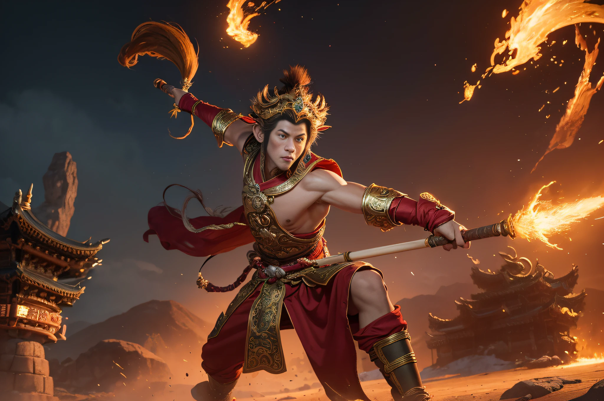 "The Monkey King Wukong, a legendary character in Chinese mythology, portrayed in an epic and visually stunning masterpiece. Capture his fierce and mischievous nature, emphasizing his iconic golden staff and mystical abilities. Set in a vibrant and fantastical world, filled with ancient temples, floating islands, and swirling clouds. Show the Monkey King in a dynamic pose, exuding power and confidence. Rendered in high-resolution CG with impeccable attention to detail, creating a truly immersive and awe-inspiring artwork,8k, super detail,,"