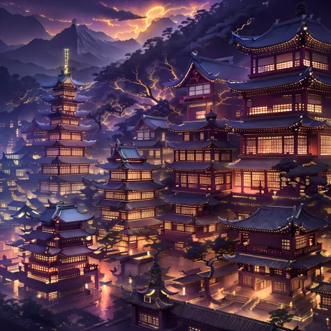 Asian architecture in the city Asian architecture in the city at night with boats passing by， dreamy Chinese towns， Chinese Anci...