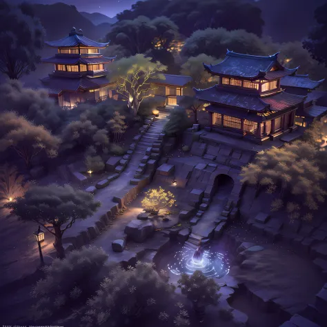 ((diffuse colors)), (( top view, high angle view, focal point composition)), ancient chinese architecture, cool colors, dark nig...