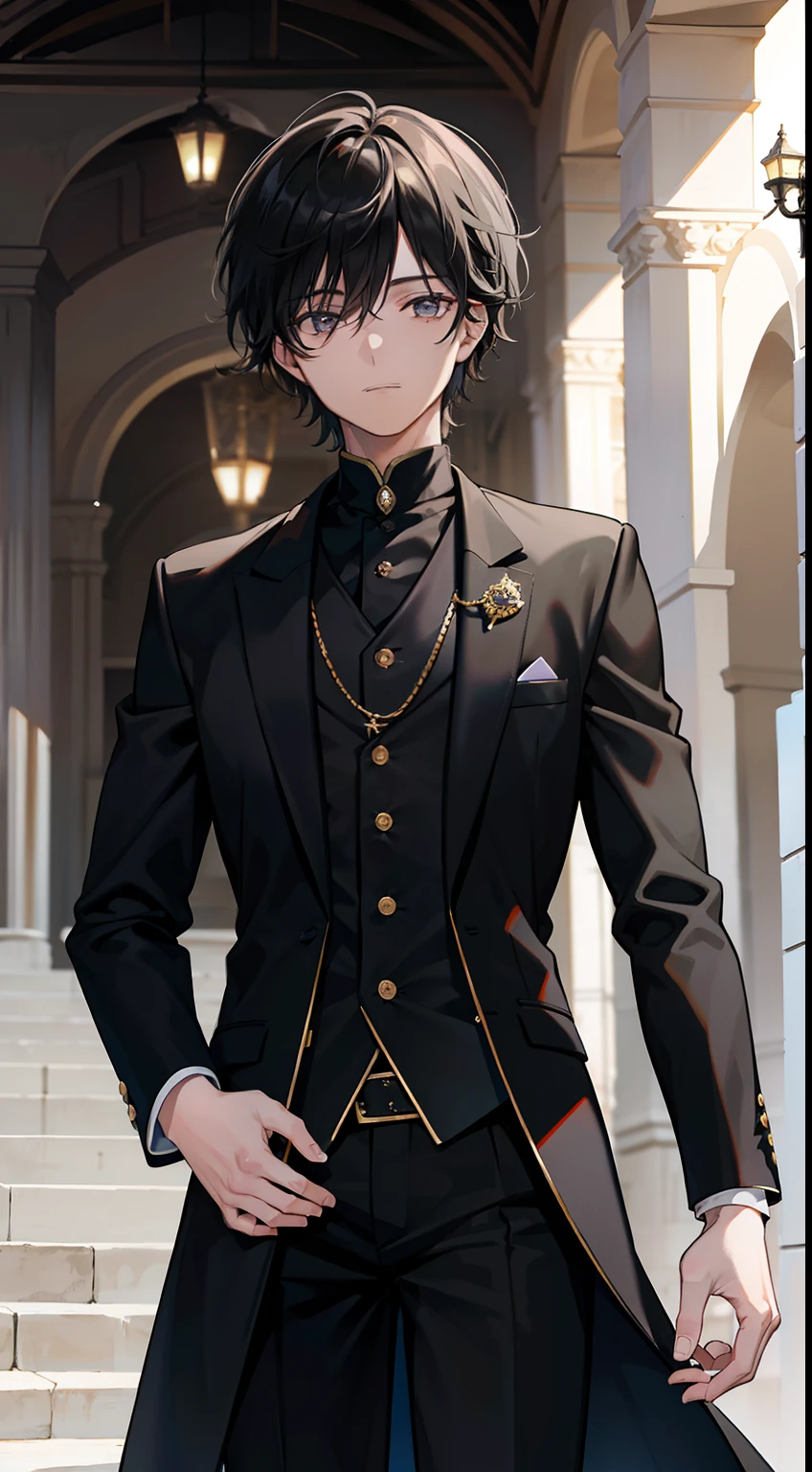 Anime guy in a black suit and tie standing in front of a building - SeaArt  AI