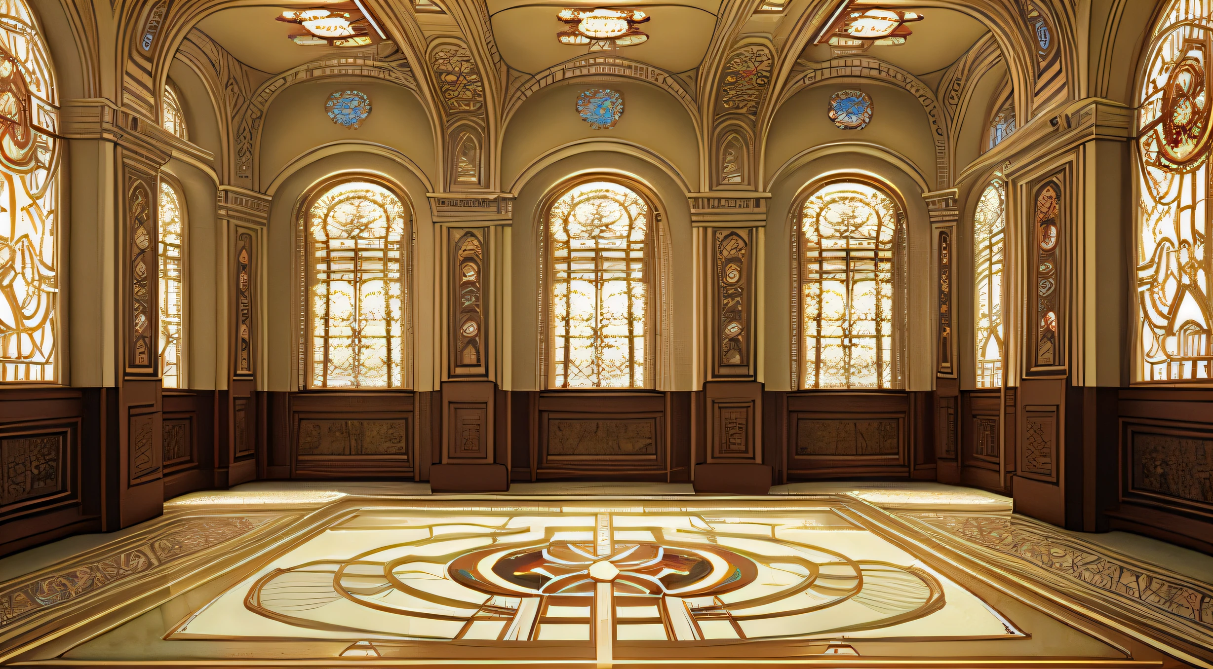 Walls inside the building、codeGeass、high detailing、Orderly architecture、illuminating、abajour、art deco、jugendstil、by mucha、Paintings on the wall、Carpet floor、writing