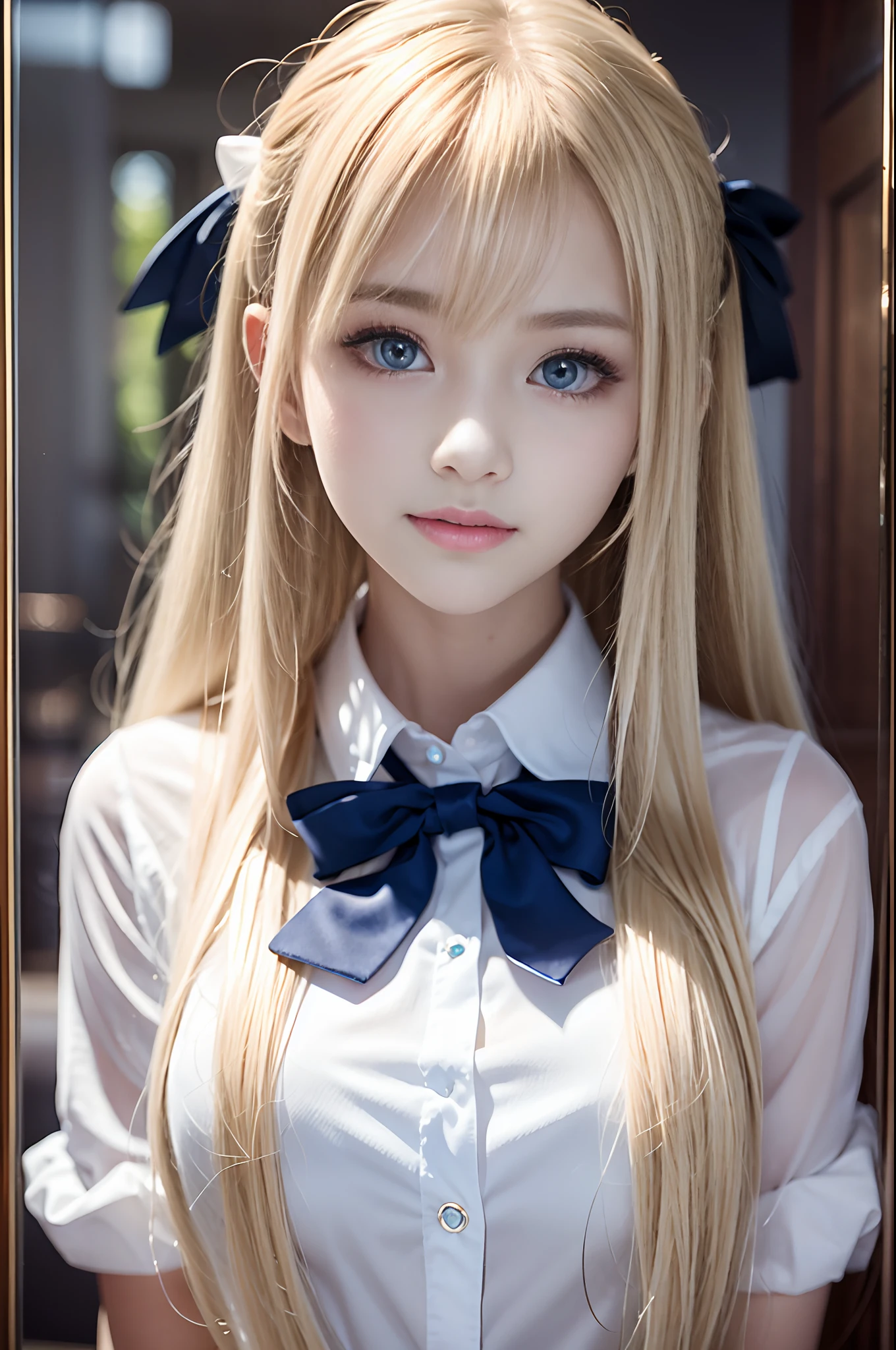 portlate、School Uniforms、bright expression、poneyTail、Young shiny shiny white shiny skin、Best Looks、Blonde reflected light、Platinum blonde hair with dazzling highlights、shiny light hair,、Super long silky straight hair、Beautiful bangs that shine、Glowing crystal clear attractive big blue eyes、Very beautiful nice cute 16 year old girl、Lush bust