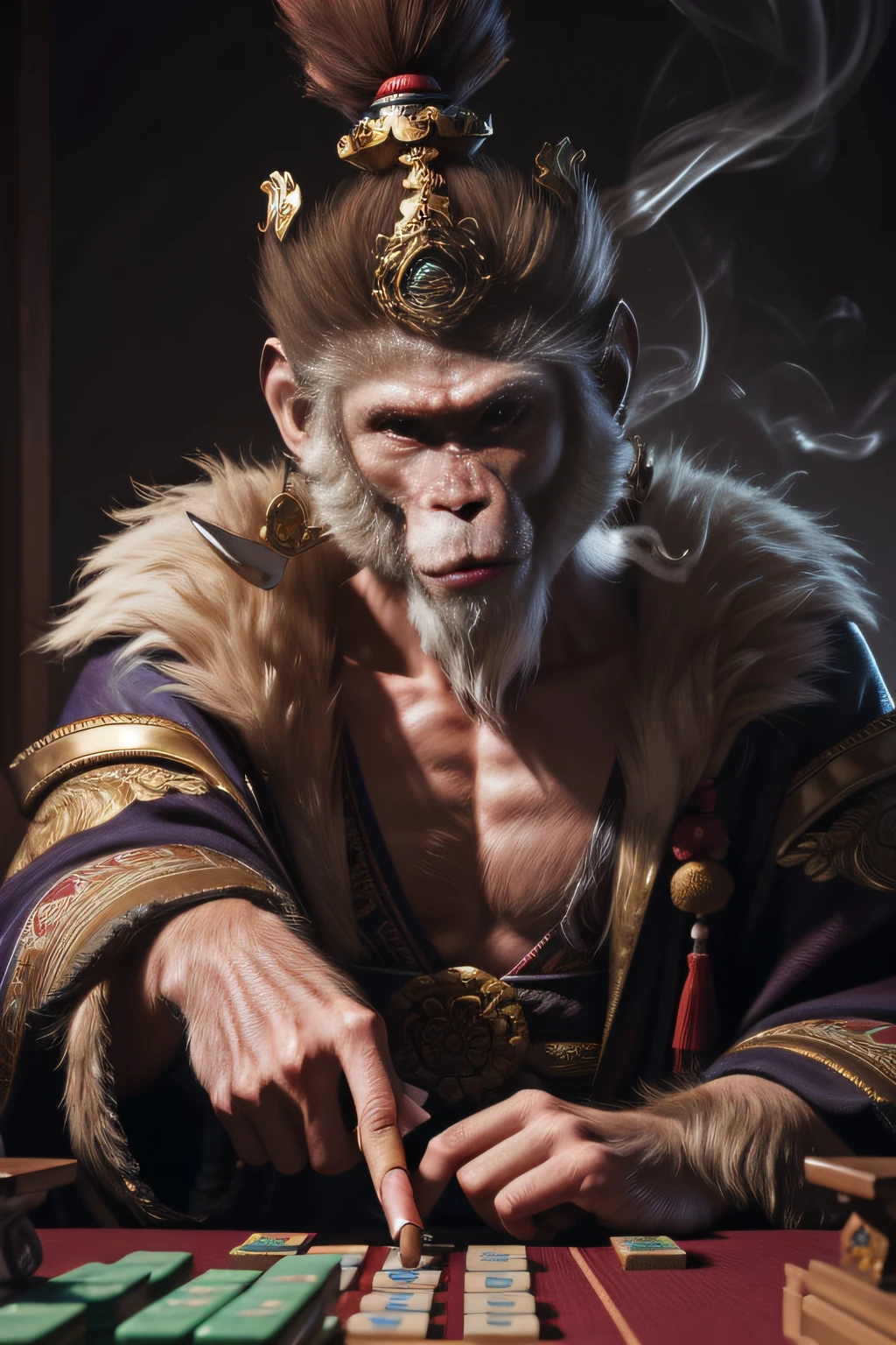 Masterpiece, highest quality, 8K HD, Extreme details, ultra-high definition, 4k resolution, Japanese diffuse style, Monkey King, with a very gentle expression, won playing mahjong, stepped on the mahjong table, smoking cigars very proud