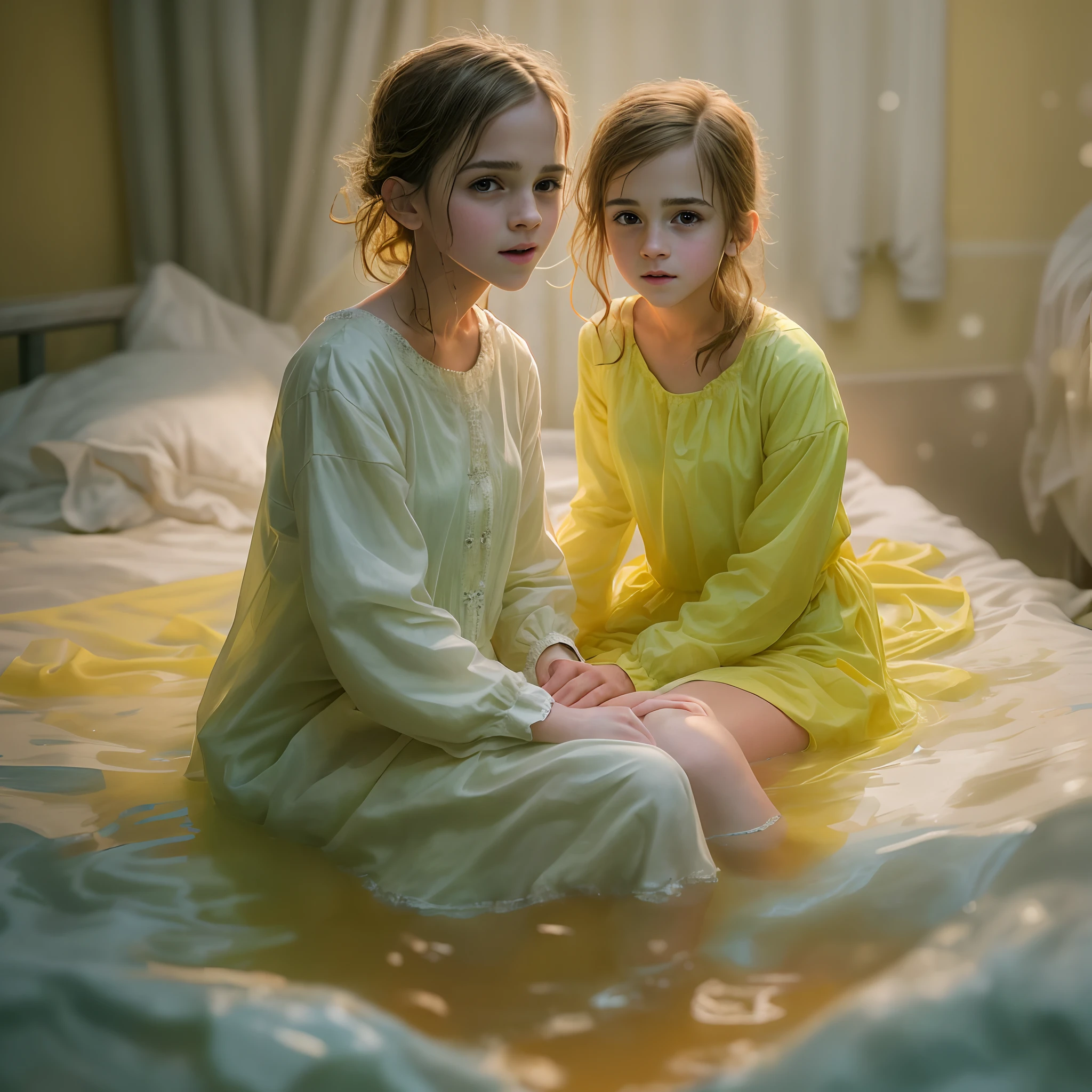 8K, Ultra Detail, Ultra Realistic, HDR, f2.0,2girls, Full body shot, 16 years old, Child figure, Small, cute, Thin legs, Thrusting waist, in bed, bedsheets, Thin, emma watson, wet skin, baptism in long nightgown, water, yellow puddles