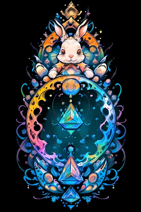 in the style of 0mib, adorable rabbit, prismatic shards, reflecting fractal circles, ink spatter, melting brush strokes, particl...