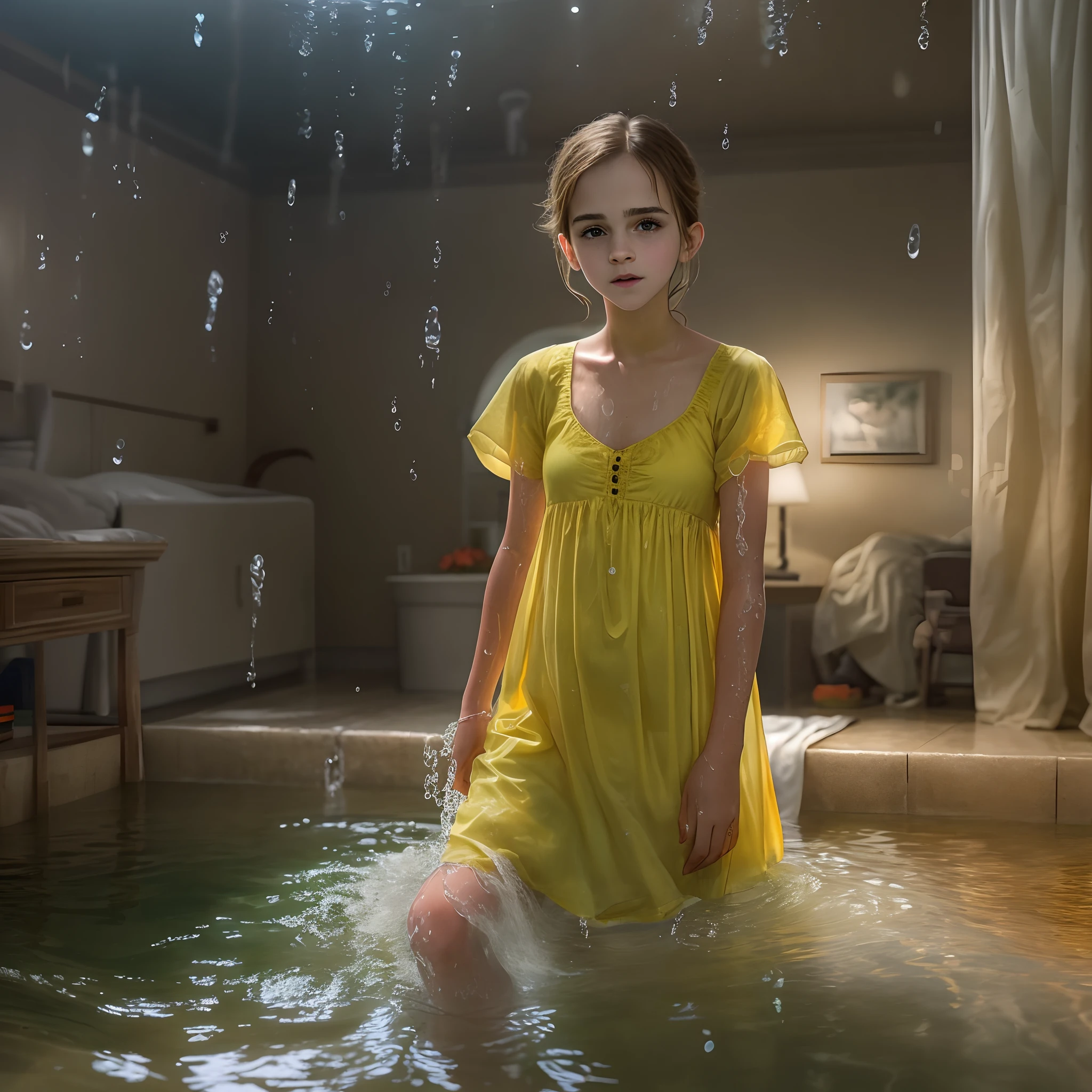 Arafed image of a woman in a yellow dress in a pool - SeaArt AI