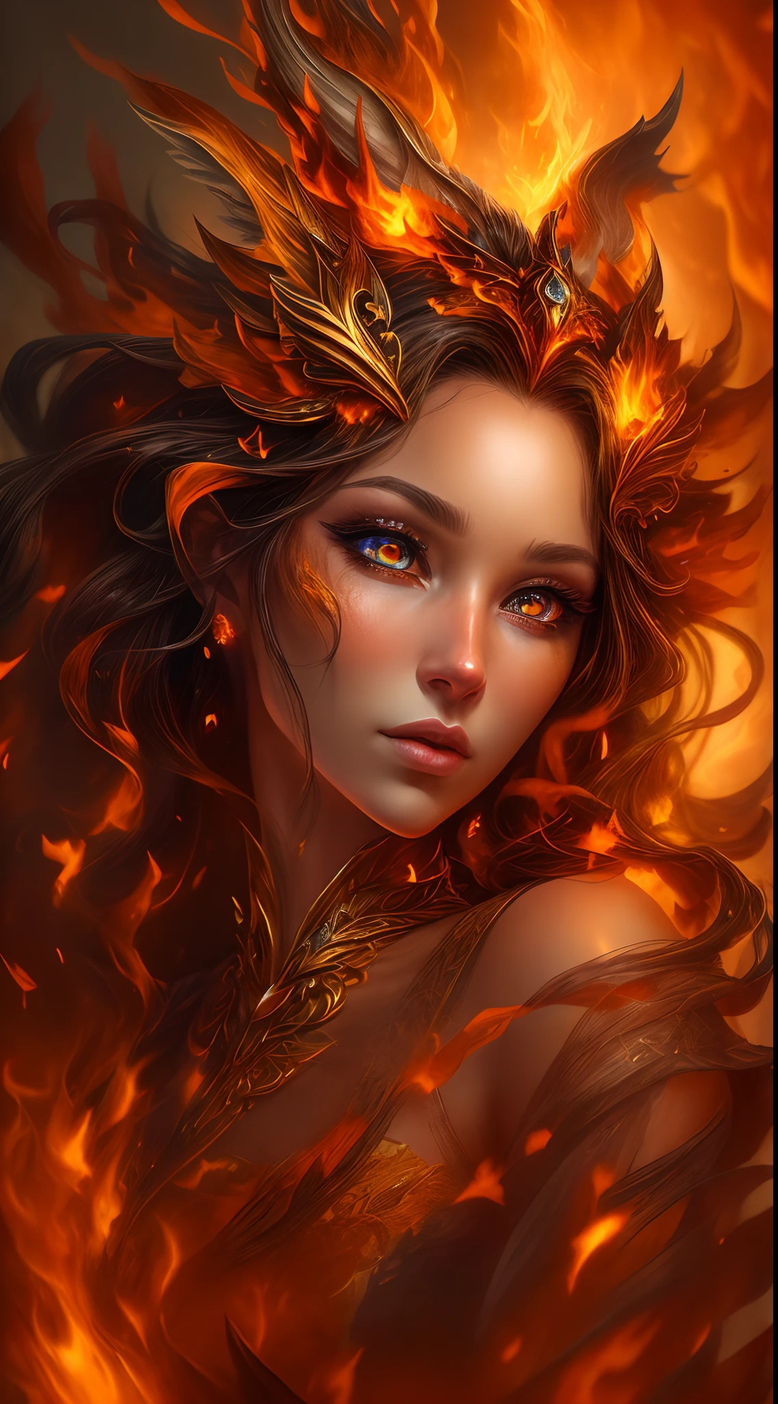 사실적인 불을 눈에 띄게 표현한 사실적인 판타지 작품입니다., 불길을 포함해, 뜨겁게 타오르는 불씨, 미묘한 연기, 그리고 아름다운 불의 드루이드. 드루이드는 흥미로운 구성으로 격렬한 지옥 한가운데 서 있습니다.. 그녀의 face is expertly sculpted, 우아하고 세련된 이목구비와 완벽한 쉐이딩, 사실적인 피부결로. 그녀의 (주황색과 금색 눈) 놀랍고 이 이미지의 초점입니다. (그녀의 eyes extremely detailed, 아름다운 디테일한 눈, 그리고 매크로). 그녀의 eyes feature intricate detailing with clearly defined irises and bright sclera. 그녀의 soft lips are smooth and very puffy, 그녀의 피부는 가벼운 홍조와 화려한 불꽃 디테일로 장식되어 있습니다.. 그녀의 long gown is stunning and expensive, 순수한 불꽃과 반짝임으로 이루어져 있어요, 불빛에 반짝이는 화려한 보석들. 그녀의 billowing gown glitters from the flames and features a delicately and intricately embroidered bodice with wisps of flames running across it. 범프와 같은 판타지 요소를 포함합니다., 돌, 불타는 무지개빛, 빛나는 불씨, 실크, 그리고 흥미로운 배경. 마법적이고 신비로운 아우라를 발산하는 불새, 불나비 등 불 같은 마법 생물을 포함합니다.. 조명: 예술 작품의 아름다움을 향상시키기 위해 조명의 최신 트렌드를 활용. 카메라: 역동적인 구성을 활용하여 긴박감과 흥분감을 조성합니다.. 현재 판타지 장르의 거장들로부터 영감을 얻으세요, Artstation 및 Midjourney의 인기 아티스트 포함. ((걸작))