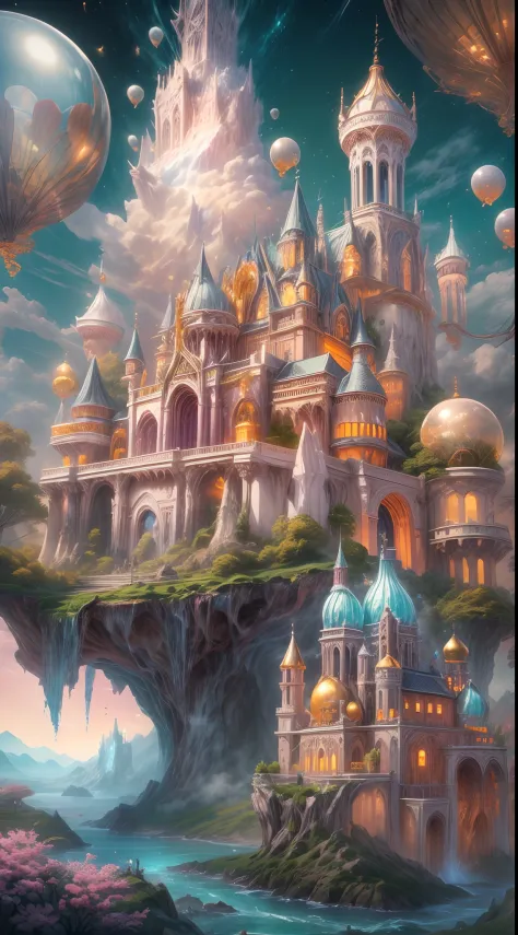 Generate a realistic fantasy landscape with beautiful, ornate romantic buildings, floating islands, crystalline waterfalls strea...