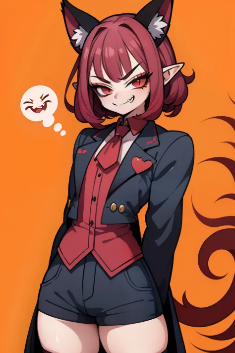 Anime character, high detail, Detailed art style, (smug smirk:1.4), vampire fangs, elf ears, short red curly hair, little chest,...