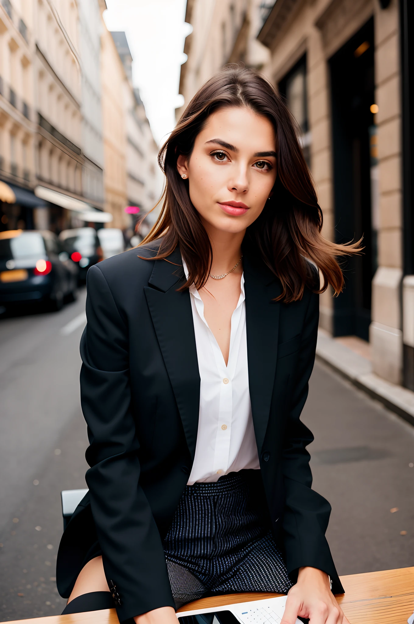 jeune femme de 36 ans, regard confiant style business, en costume beige, assise à une table devant l'ordinateur, avec des cheveux bruns mi-longs, Lèvres dessinées, yeux marrons, belle femme marchant dans la rue en France et regardant la caméra, 8k, photos prises par Hasselblad + incroyablement détaillé, acuité, détails + Éclairage professionnel, éclairage photographique + 50mm, 80mm, 100m + galerie Lightroom + photographie behance + unsplash --ar 2:3 - (rapide)