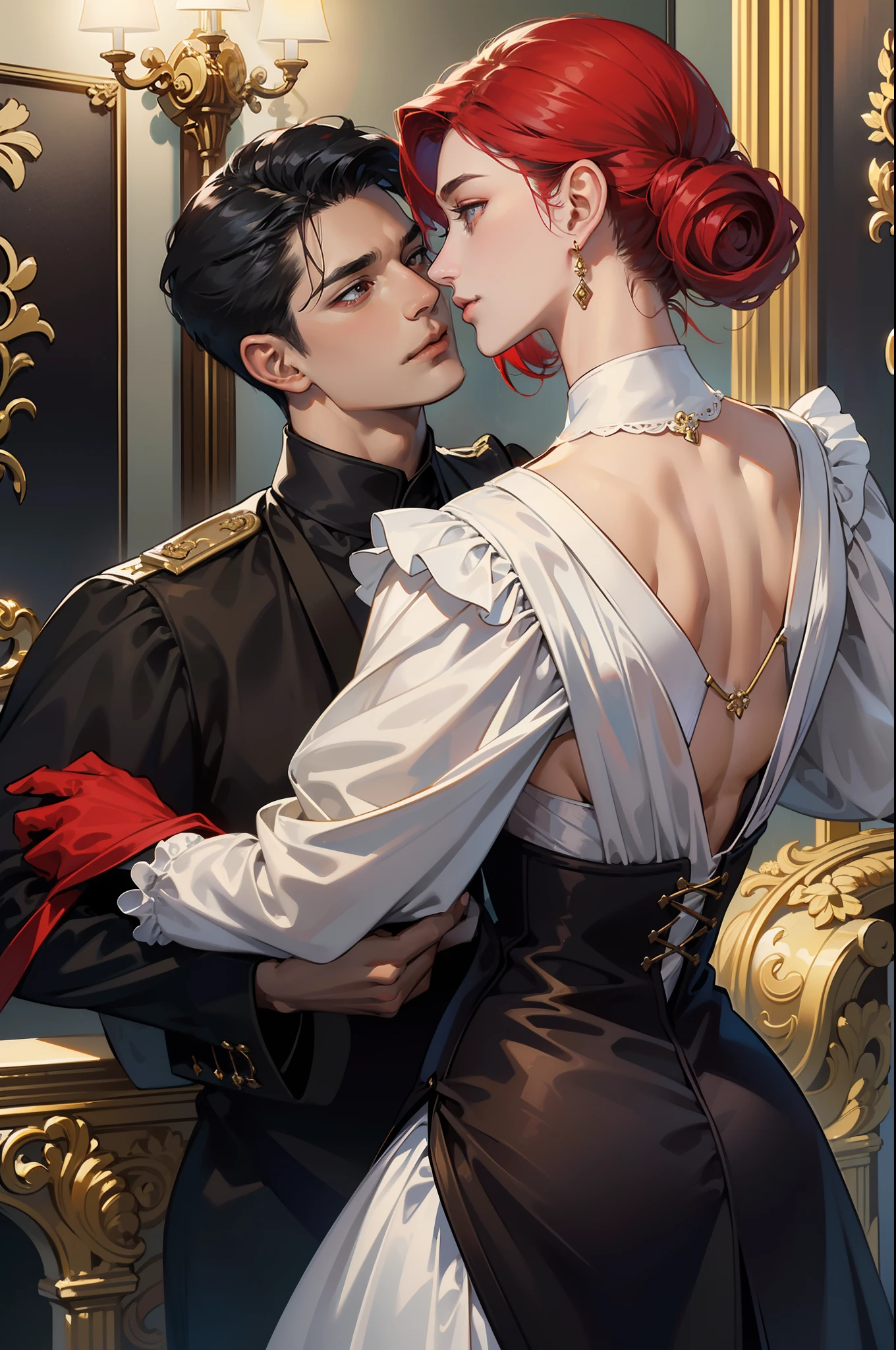 ((Masterpieces)), Best Quality, outstanding illustration, (((A couple seeing each other))), soft focus, (((1 boy with short black hair))) (((TALL AND MUSCULAR))) (((blue eyes))) (((dark wizard clothing))), (((1 girl from (((Red hair))) long curly))) (((gold eyes))) (((elaborate and beautiful WHITE wedding dress))), victorian clothing, Victorian and magical romanticism, opulent and exquisite atmosphere, Soft light and warm lighting.