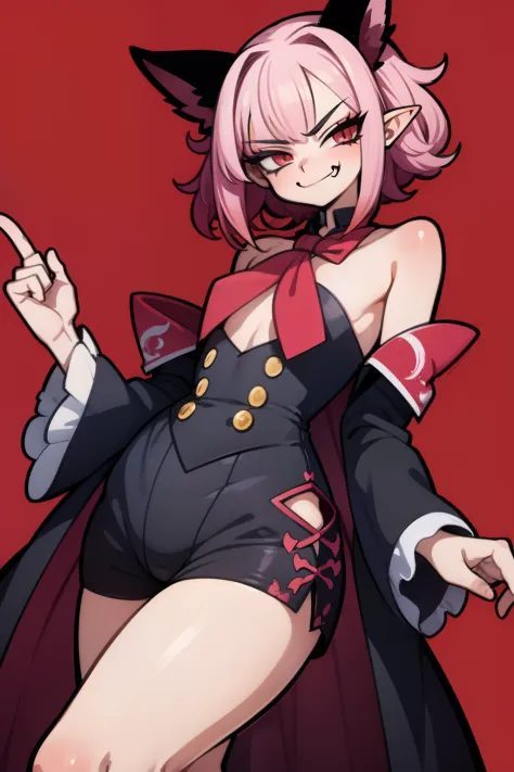 Anime character, high detail, Detailed art style, (smug smirk:1.4), vampire fangs, elf ears, short red curly hair, little chest, tailcoat, Short shorts, full length, the perfect body,