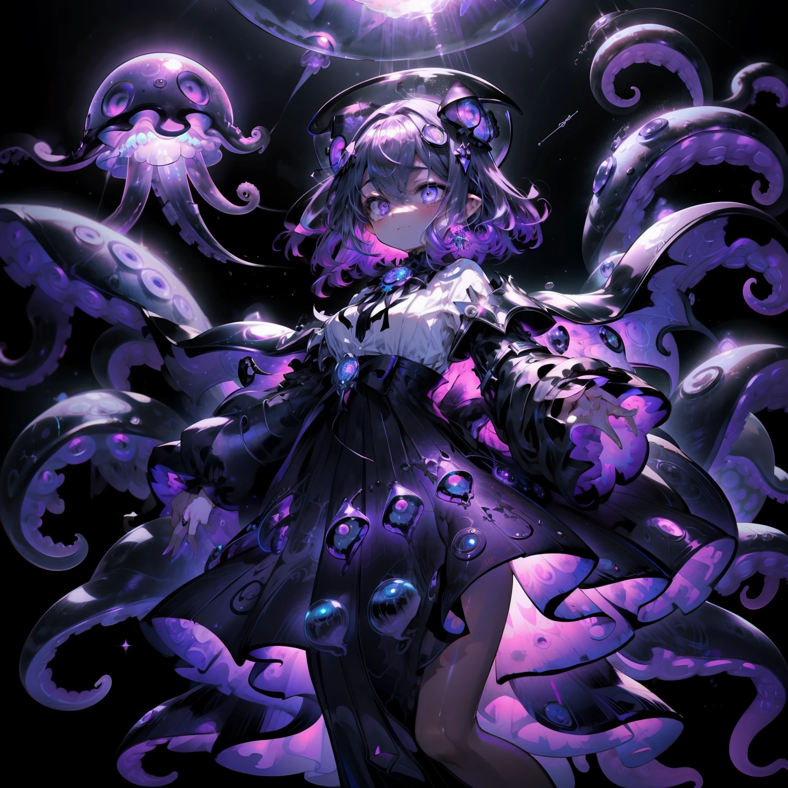 A girl floating in the sky, a black gothic lolita dress, a cape, Purple luminous orb on the dress, jellyfish on the skirt, bat design on the dress, countless black jellyfish floating, wings of bats on the jellyfish, tentacles from the skirt, One big black jellyfish overhead, a starry sky, a full moon, a cat-eared hair ornament on her head, two glowing ball hair ornaments on her head, armor ring, Vampire squid