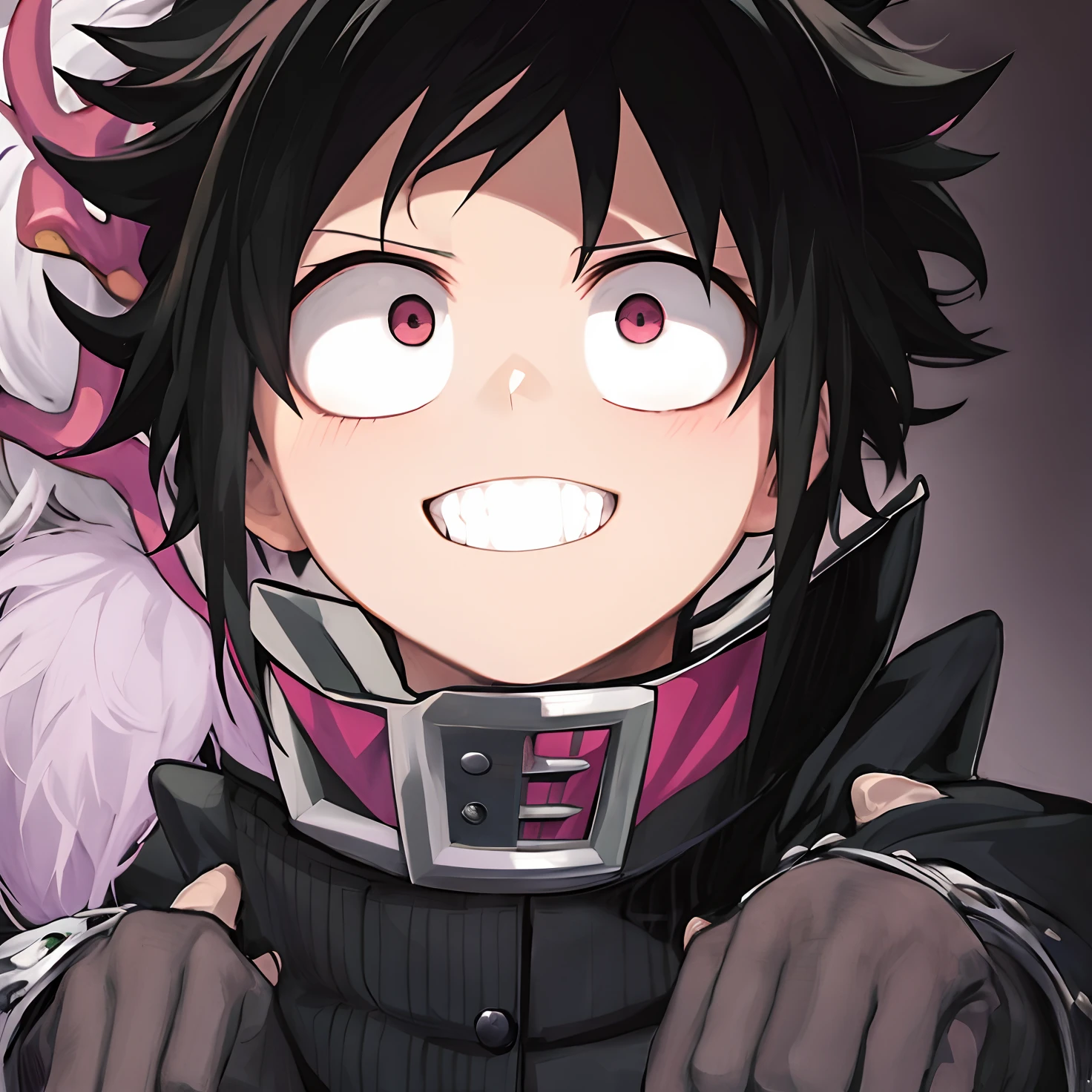 Anime character with black hair and red eyes and a pink collar - SeaArt AI