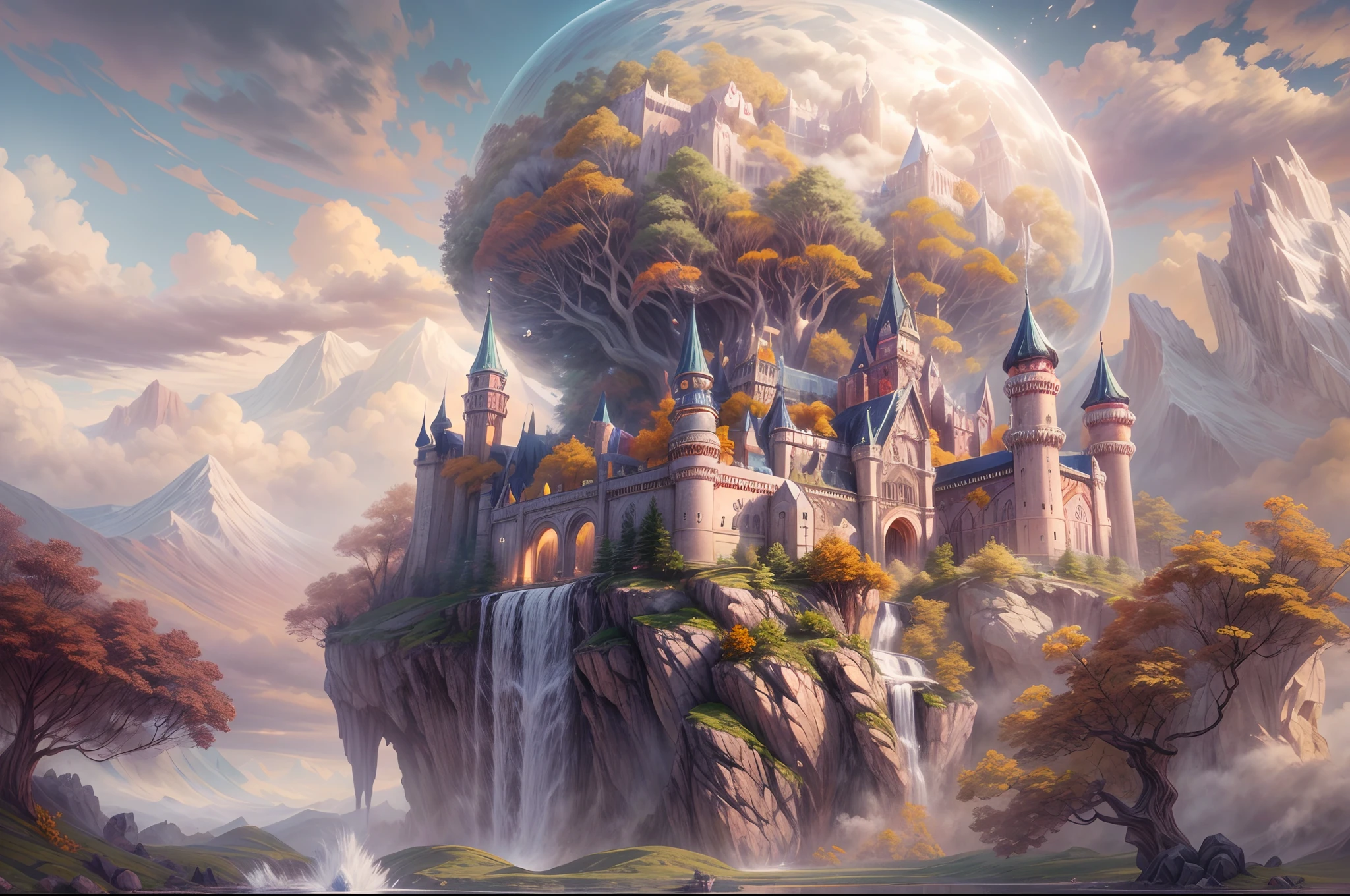 Generate a realistic fantasy landscape with beautiful, ornate romantic buildings, floating islands, crystalline waterfalls streaming from the floating islands, and a dreamy landscape of highly detailed flowers and dreamy watercolors. This is the (((romantic))) realm of the gods. (((The castles look like they are carved from shimmering marble, with distinct and complex details adding to their realism.))) Cotton candy clouds wisp into beautiful glittering stars across the colorful sky, with mesmerizing pink and purple celestial lights creating an enchanting atmosphere. Include many different levels and high visual interest. The environment is large and awe-inspiring, and this is a macro shot. The general ambience is peace, tranquility, and highly detailed sweetness. Include interesting fantasy elements with colors that complement the rest of the landscape. The sky should be very detailed. The landscape should very detailed. All buildings should be ornate with complex and intricate details. Include a luminous and magical atmosphere, magic bubbles, shimmering colors, many small fantasy details including iridescence, expertly created majestic landscapes, and shimmer and glimmer. Include lots of vibrant colors and vaguely surreal details. Camera: Utilize dynamic composition to create interest and excitement. CGI, unreal engine, unity engine, (((masterpiece))), high resolution, 8k, best quality, high quality, highres, 16, RAW, ultra highres, ultra details, finely detail, an extremely delicate and beautiful, extremely detailed, real shadow, anime, highly detailed painted, award-winning glamour painting, wonderful painting, art style, stylized