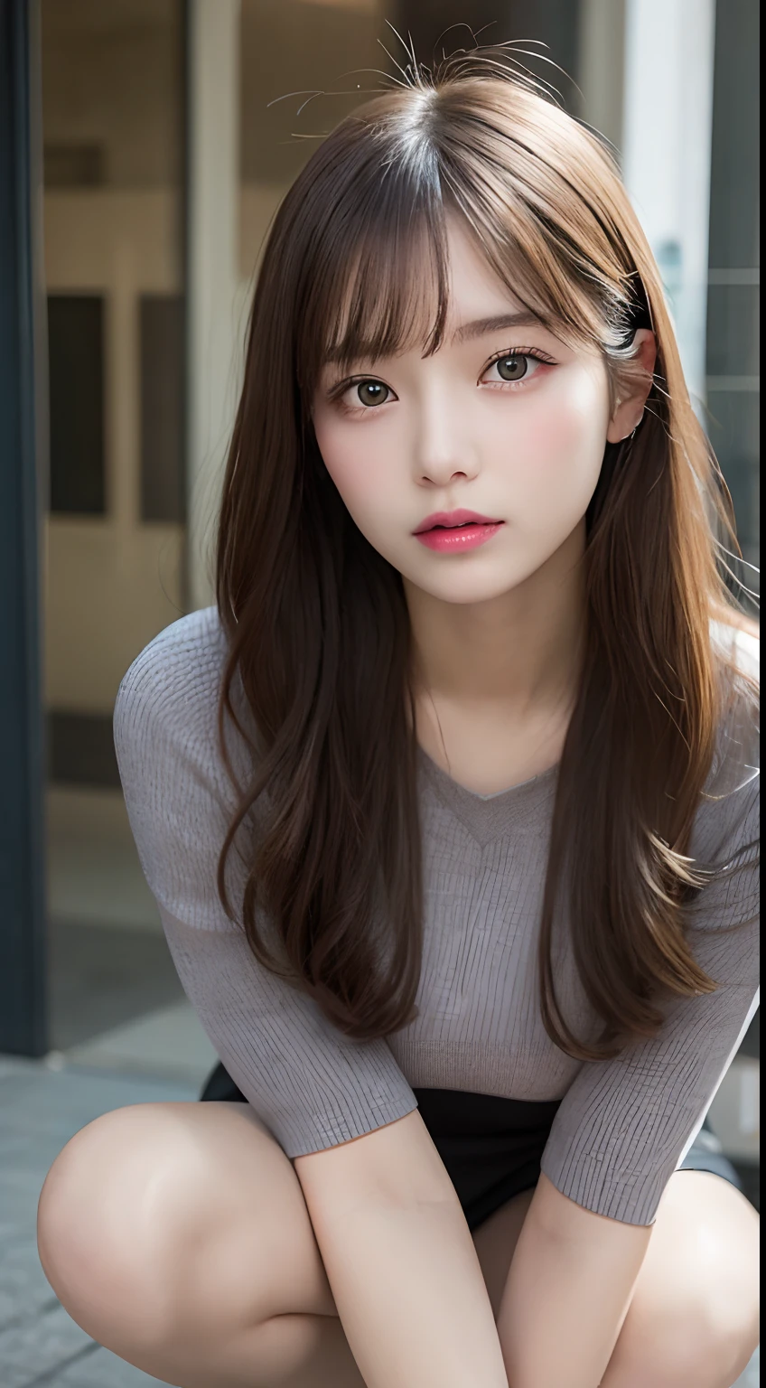 finely detail, hight resolution, hightquality、Perfect dynamic composition, Beautiful detailed eyes, Medium Hair, Colossal  、Natural Color Lip, Squatting,Kamimei、Shibuya、college aged、1人、Transparent skin、Glowing hair