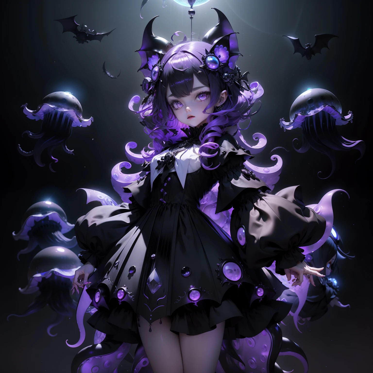 Vampire Squid Girl, black gothic lolita dress, capes, Purple luminous orb on dress, Jellyfish in a skirt, Bat design of the dress, Countless black jellyfish float, Jellyfish with bat wings, Tentacles from the skirt, One big black jellyfish overhead, nigh sky, fullmoon, Cat ear hair ornament on her head, Two shiny balls hair ornament on her head, Armor Ring,