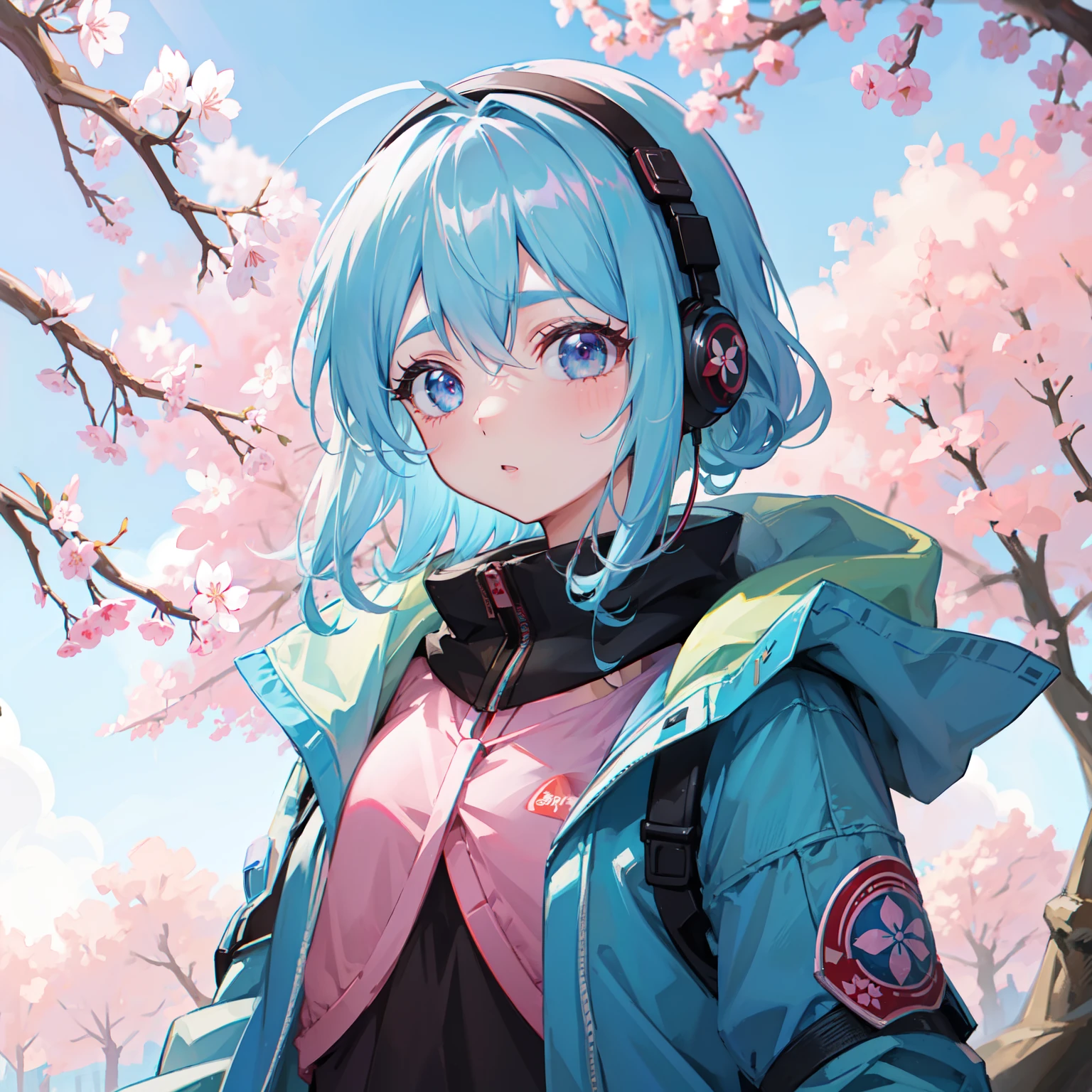 Woman with short light blue hair running、A path lined with flourishing cherry blossom trees、parka、Wearing earphones、sharp eyebrows、big eye、Dark eyelashes、（Supreme details）、（Top image quality）、（Background with＝Colorful cherry blossom colors）