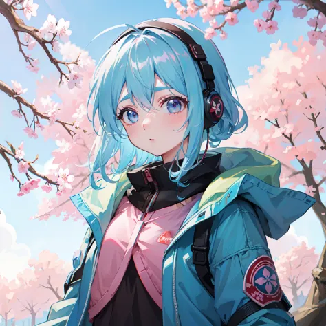 woman with short light blue hair running、a path lined with flourishing cherry blossom trees、parka、wearing earphones、sharp eyebro...