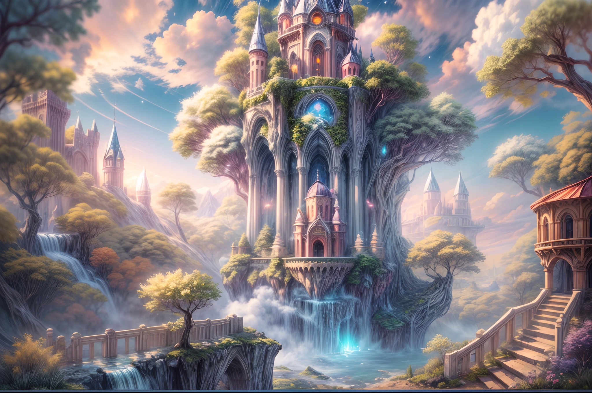 Generate a realistic fantasy landscape with beautiful, ornate romantic buildings, floating islands, crystalline waterfalls streaming from the floating islands, and a dreamy landscape of highly detailed flowers and dreamy watercolors. This is the (((romantic))) realm of the gods. (((The castles look like they are carved from shimmering marble, with distinct and complex details adding to their realism.))) Cotton candy clouds wisp into beautiful glittering stars across the colorful sky, with mesmerizing pink and purple celestial lights creating an enchanting atmosphere. Include many different levels and high visual interest. The environment is large and awe-inspiring, and this is a macro shot. The general ambience is peace, tranquility, and highly detailed sweetness. Include interesting fantasy elements with colors that complement the rest of the landscape. The sky should be very detailed. The landscape should very detailed. All buildings should be ornate with complex and intricate details. Include a luminous and magical atmosphere, magic bubbles, shimmering colors, many small fantasy details including iridescence, expertly created majestic landscapes, and shimmer and glimmer. Include lots of vibrant colors and vaguely surreal details. Camera: Utilize dynamic composition to create interest and excitement. CGI, unreal engine, unity engine, (((masterpiece))), high resolution, 8k, best quality, high quality, highres, 16, RAW, ultra highres, ultra details, finely detail, an extremely delicate and beautiful, extremely detailed, real shadow, anime, highly detailed painted, award-winning glamour painting, wonderful painting, art style, stylized
