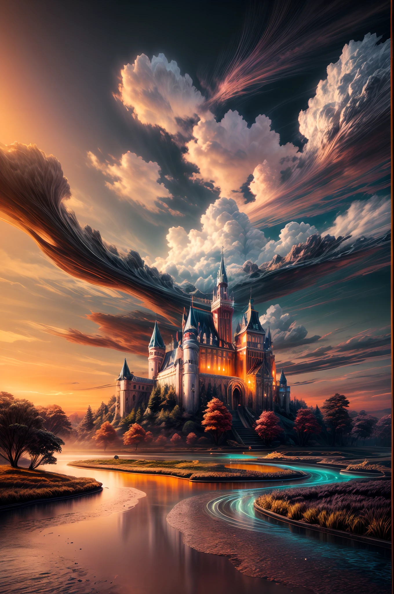 Generate a realistic fantasy landscape with beautiful, ornate romantic buildings, floating islands, crystalline waterfalls streaming from the floating islands, and a dreamy landscape of highly detailed flowers and dreamy watercolors. This is the (((romantic))) realm of the gods. (((The castles look like they are carved from shimmering marble, with distinct and complex details adding to their realism.))) Cotton candy clouds wisp into beautiful glittering stars across the colorful sky, with mesmerizing pink and purple celestial lights creating an enchanting atmosphere. Include many different levels and high visual interest. The environment is large and awe-inspiring, and this is a macro shot. The general ambience is peace, tranquility, and highly detailed sweetness. Include interesting fantasy elements with colors that complement the rest of the landscape. The sky should be very detailed. The landscape should very detailed. All buildings should be ornate with complex and intricate details. Include a luminous and magical atmosphere, magic bubbles, shimmering colors, many small fantasy details including iridescence, expertly created majestic landscapes, and shimmer and glimmer. Include lots of vibrant colors and vaguely surreal details. Camera: Utilize dynamic composition to create interest and excitement. CGI, unreal engine, unity engine, (((masterpiece))), high resolution, 8k, best quality, high quality, highres, 16, RAW, ultra highres, ultra details, finely detail, an extremely delicate and beautiful, extremely detailed, real shadow, anime, highly detailed painted, award-winning glamour painting, wonderful painting, art style, stylized